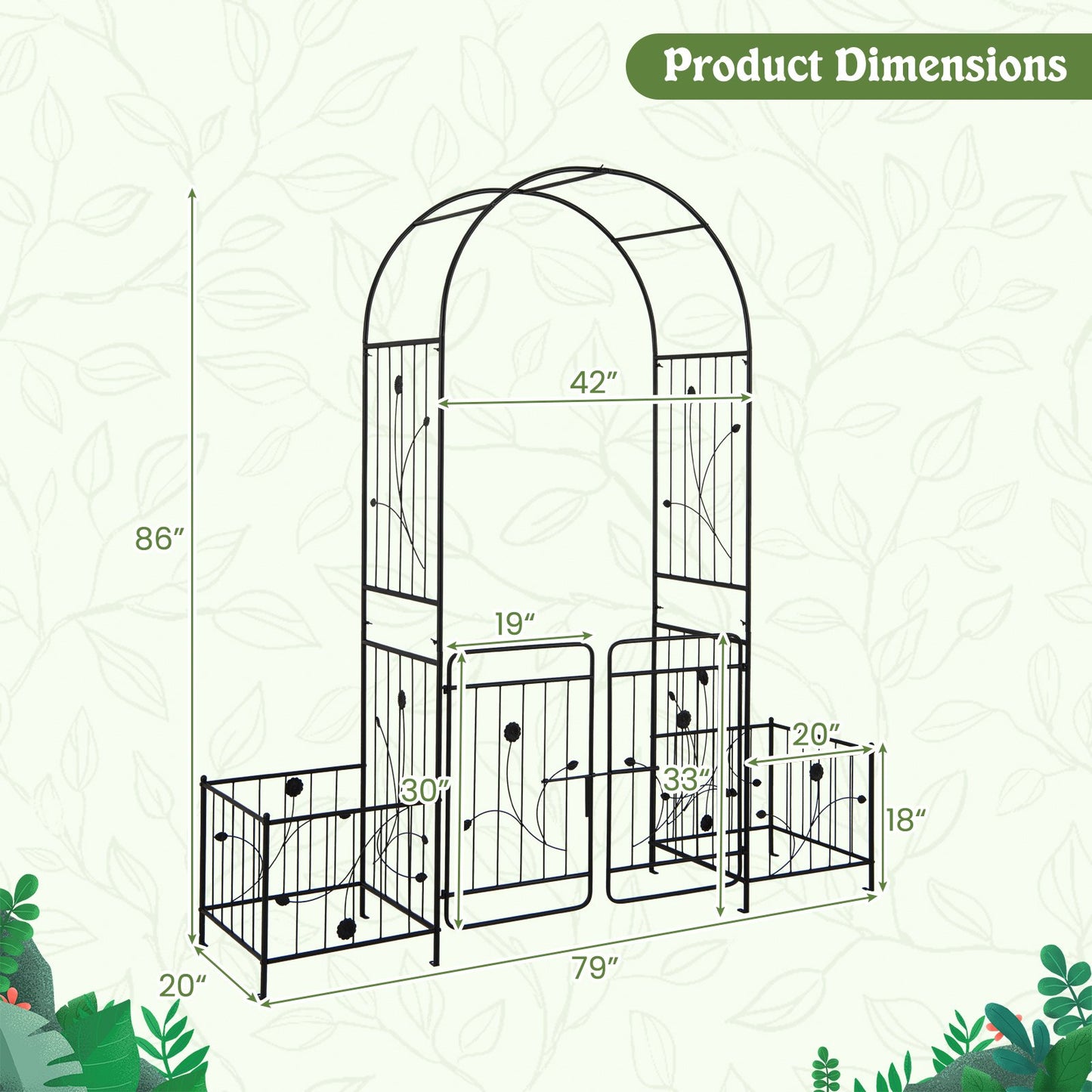 87 Inch Garden Arbor with Lockable Gate, Climbing Trellis, and Side Planters