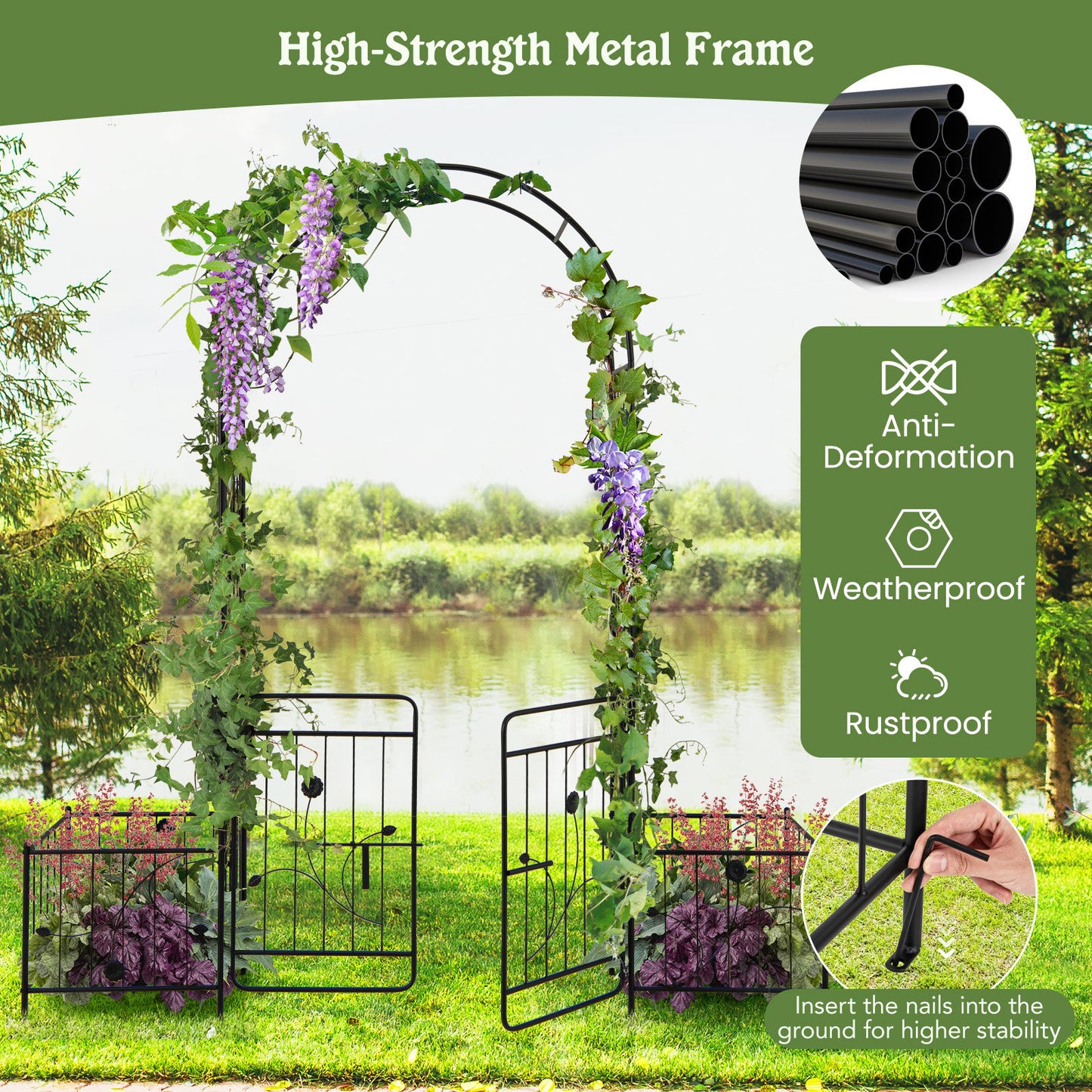 87 Inch Garden Arbor with Lockable Gate, Climbing Trellis, and Side Planters