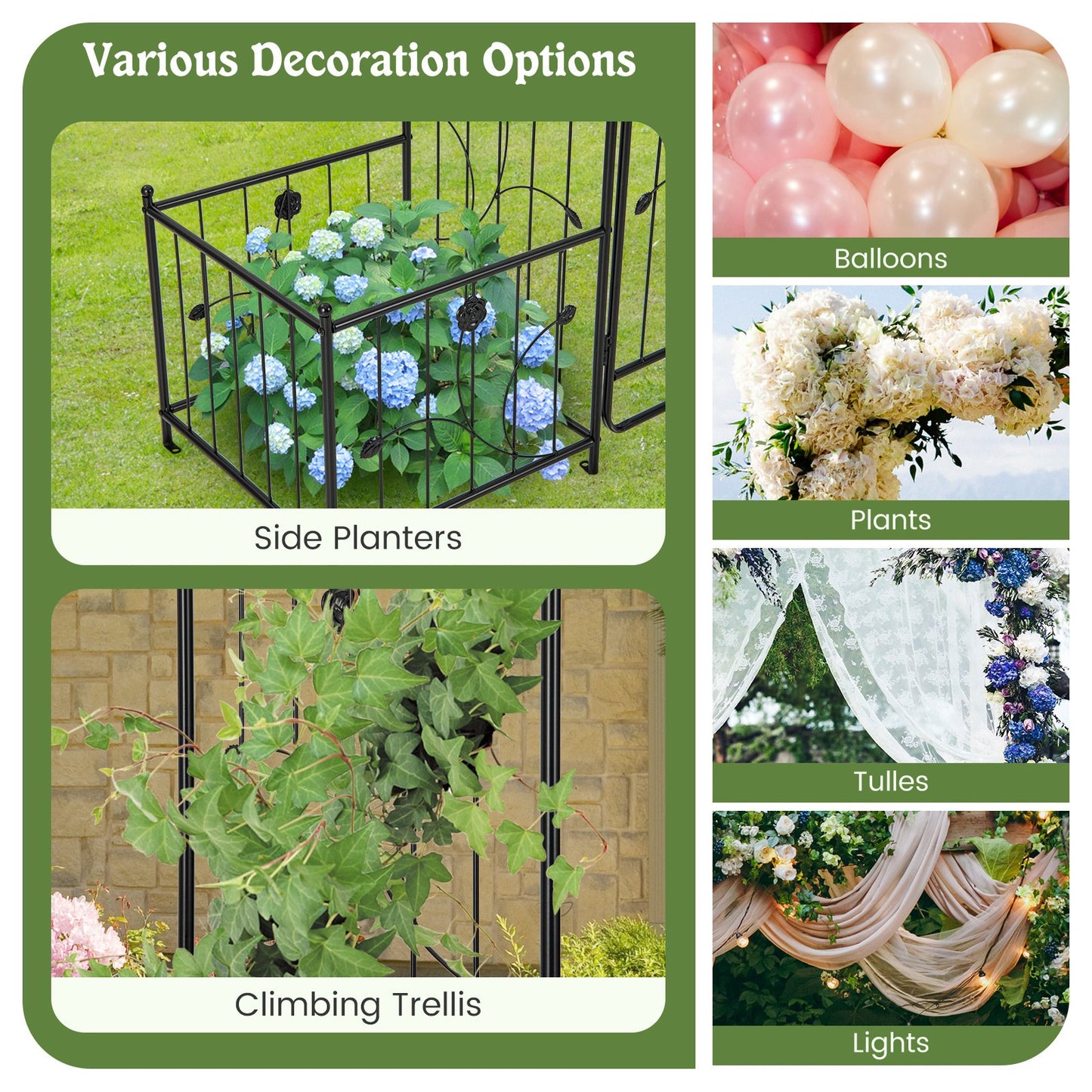 87 Inch Garden Arbor with Lockable Gate, Climbing Trellis, and Side Planters
