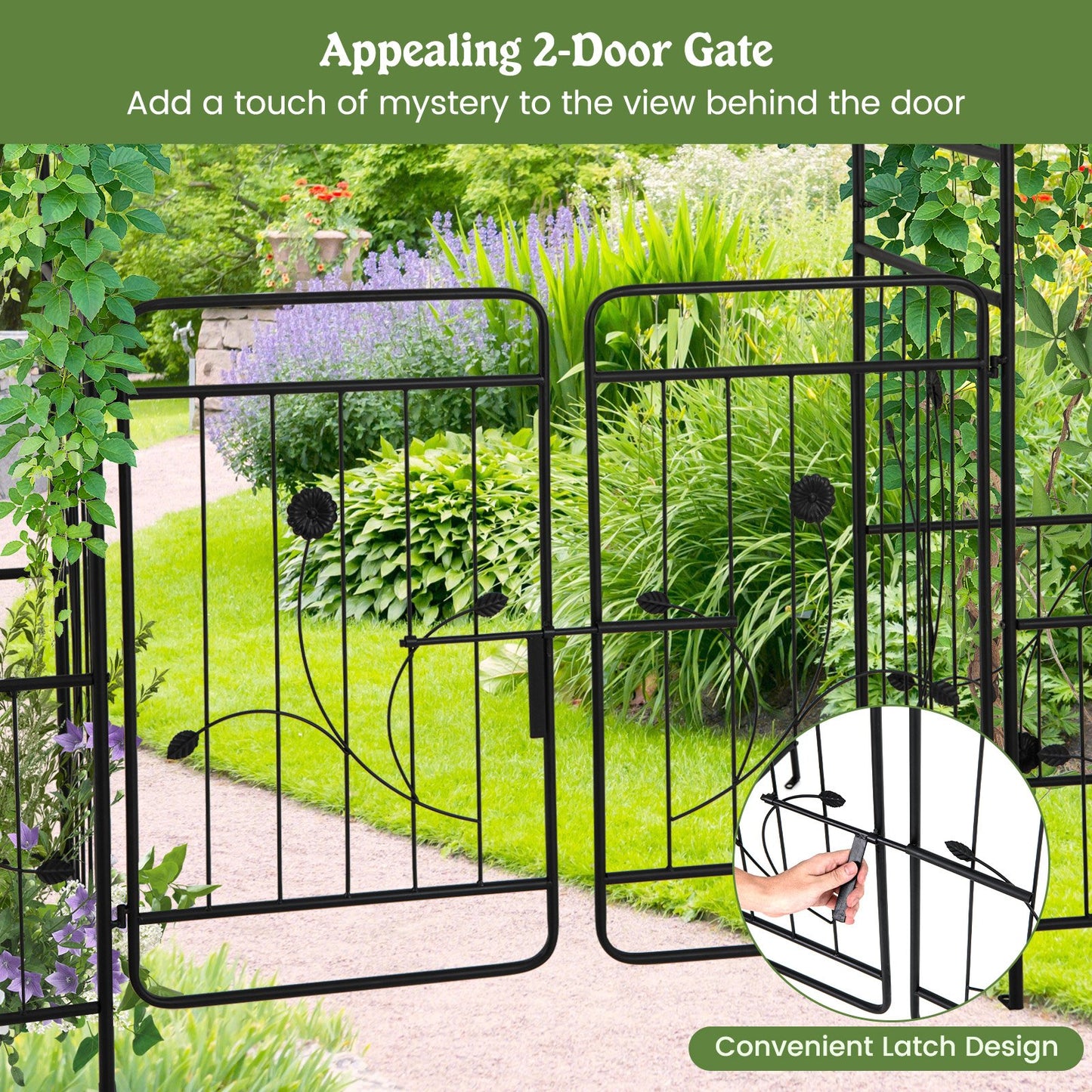 87 Inch Garden Arbor with Lockable Gate, Climbing Trellis, and Side Planters