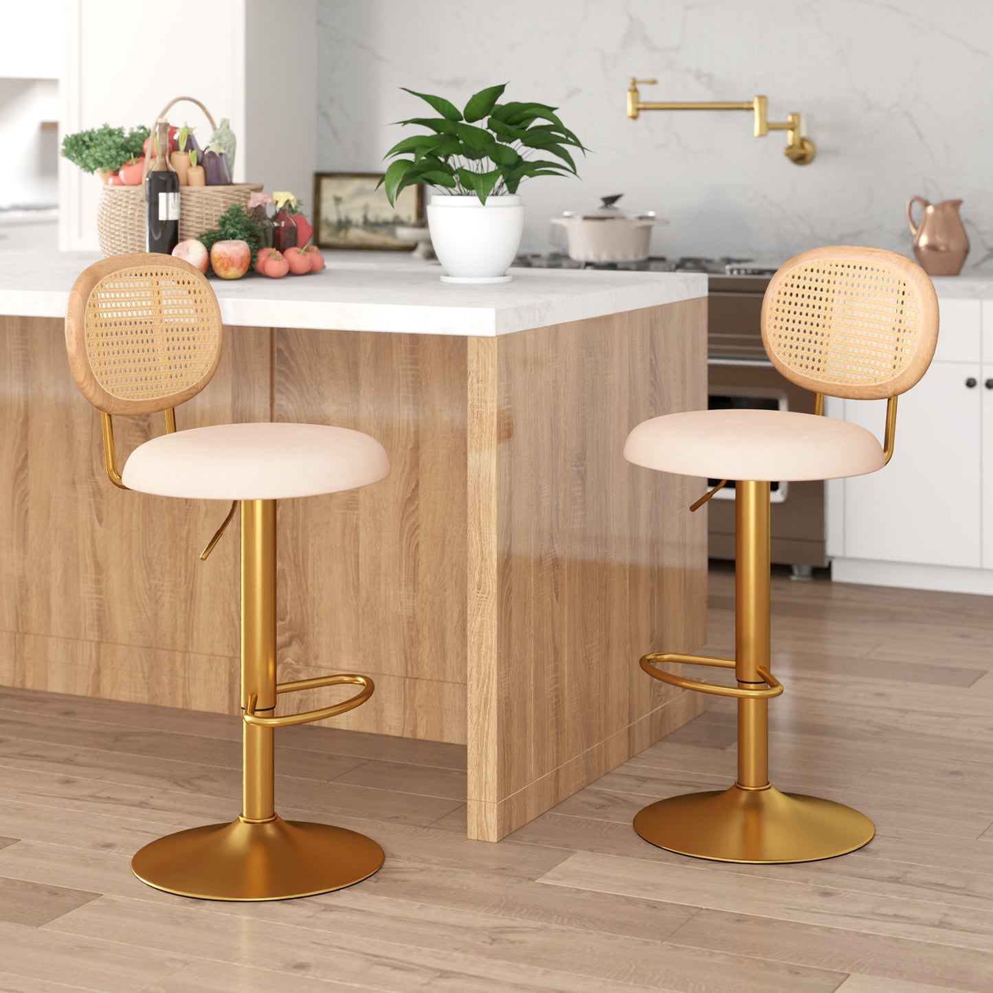 360° Swivel Velvet Bar Stools with Adjustable Height and PE Rattan Backrest – Set of 2