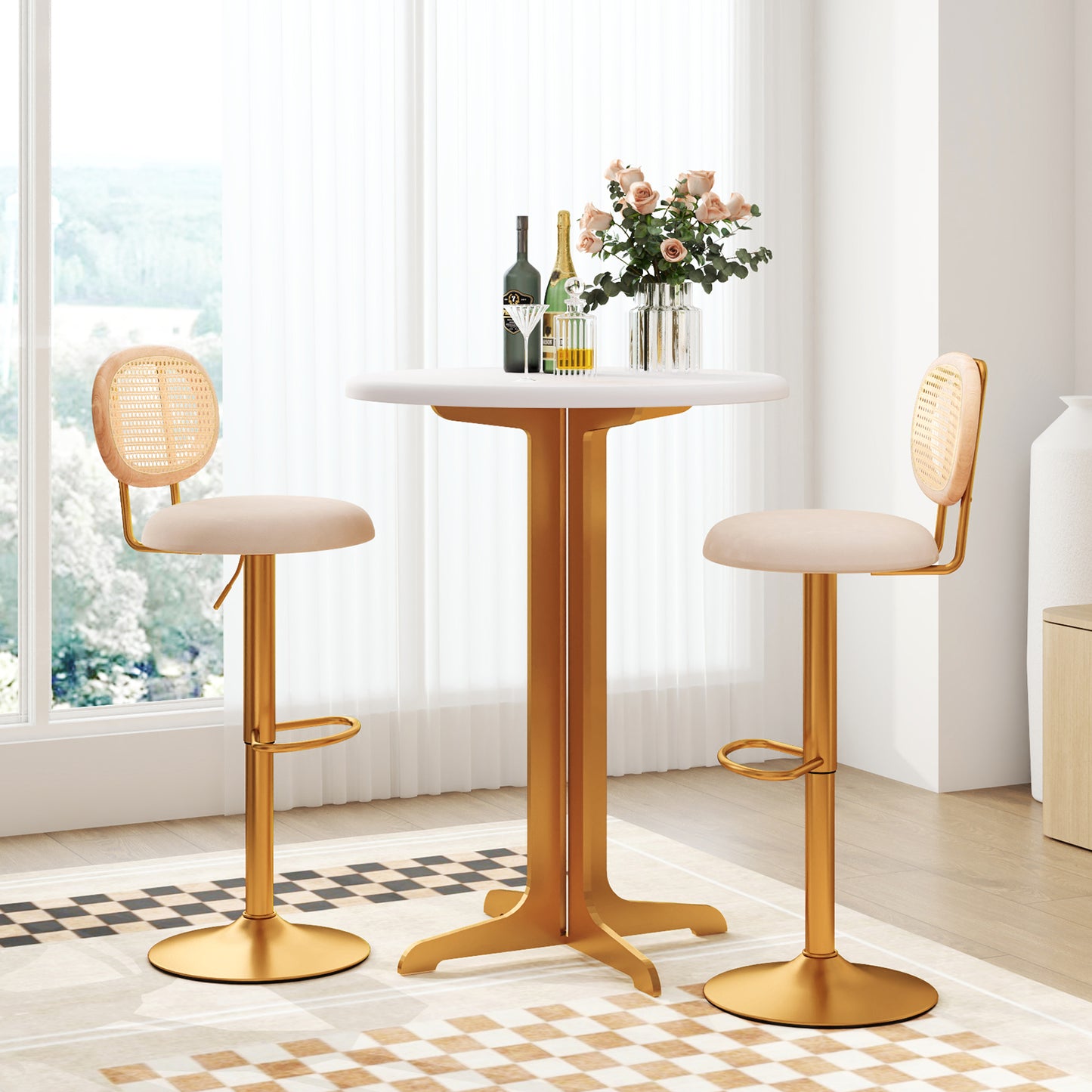 360° Swivel Velvet Bar Stools with Adjustable Height and PE Rattan Backrest – Set of 2