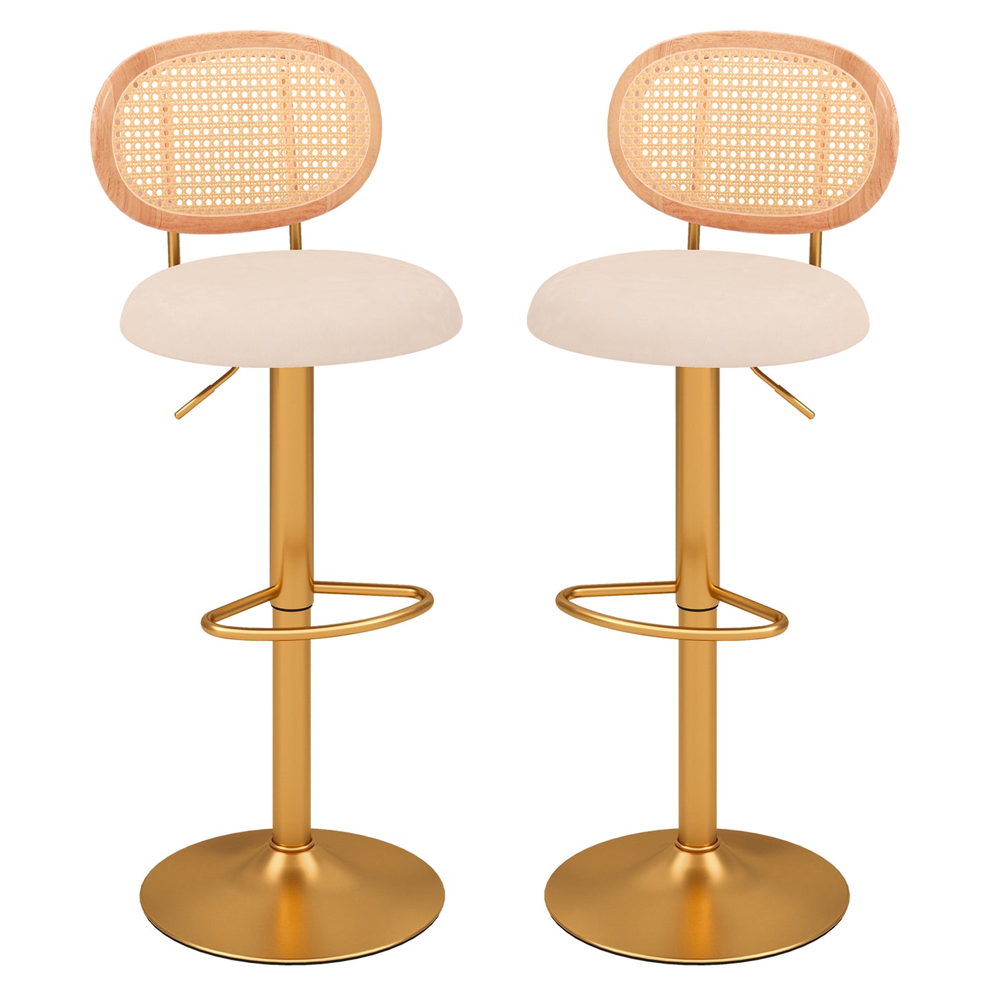 360° Swivel Velvet Bar Stools with Adjustable Height and PE Rattan Backrest – Set of 2