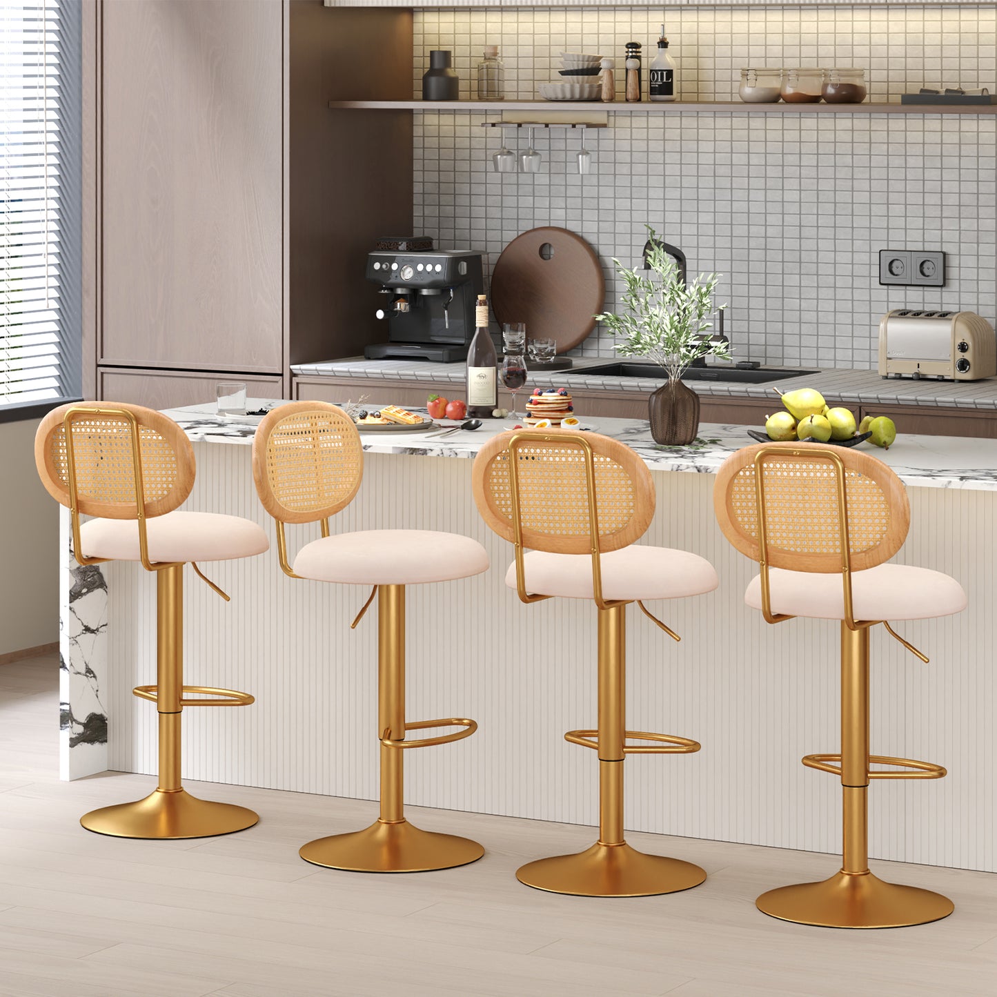 360° Swivel Velvet Bar Stools with Adjustable Height and PE Rattan Backrest – Set of 2