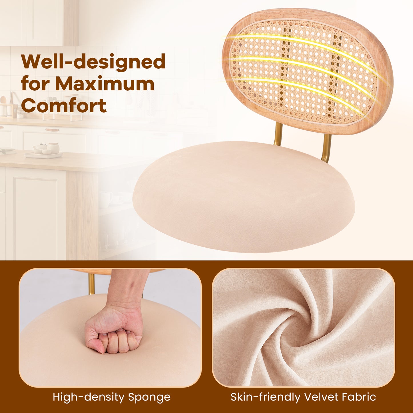 360° Swivel Velvet Bar Stools with Adjustable Height and PE Rattan Backrest – Set of 2
