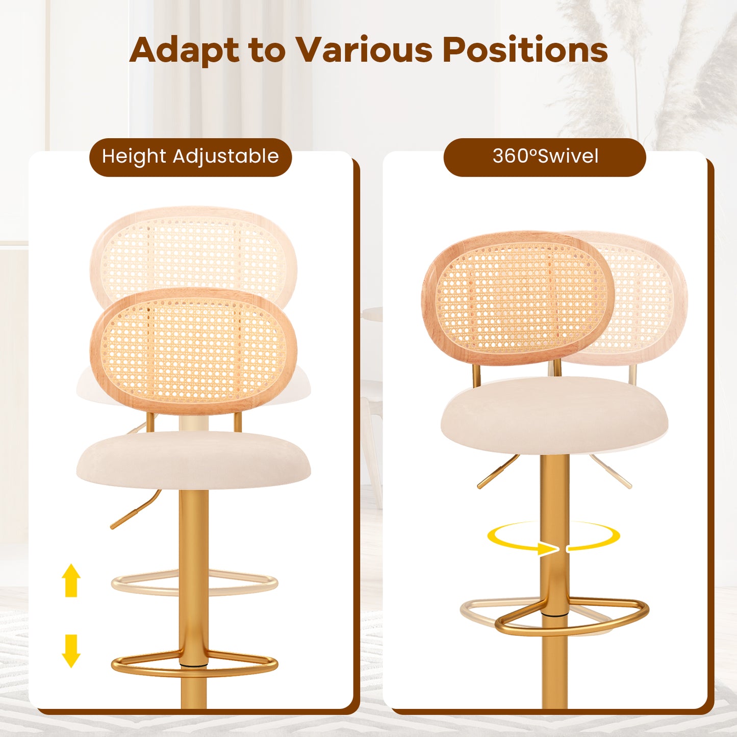 360° Swivel Velvet Bar Stools with Adjustable Height and PE Rattan Backrest – Set of 2