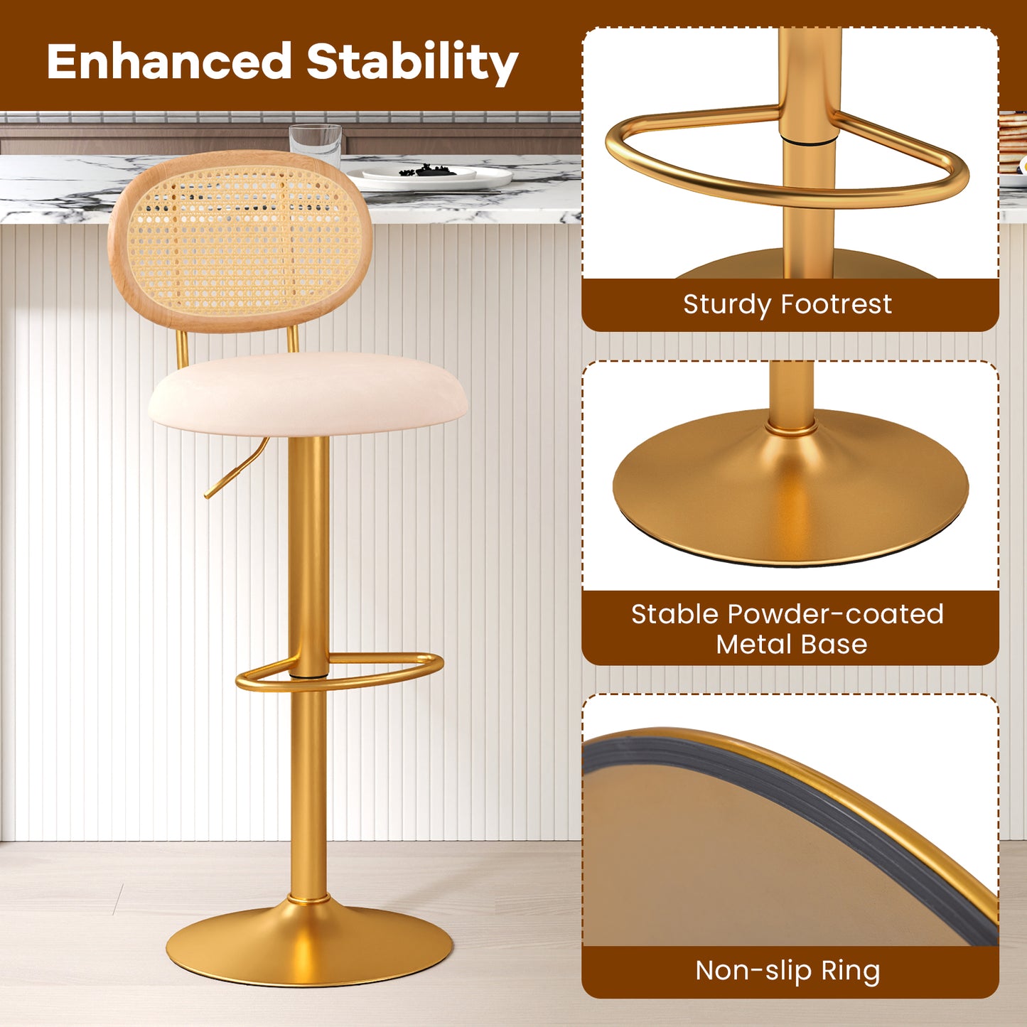 360° Swivel Velvet Bar Stools with Adjustable Height and PE Rattan Backrest – Set of 2