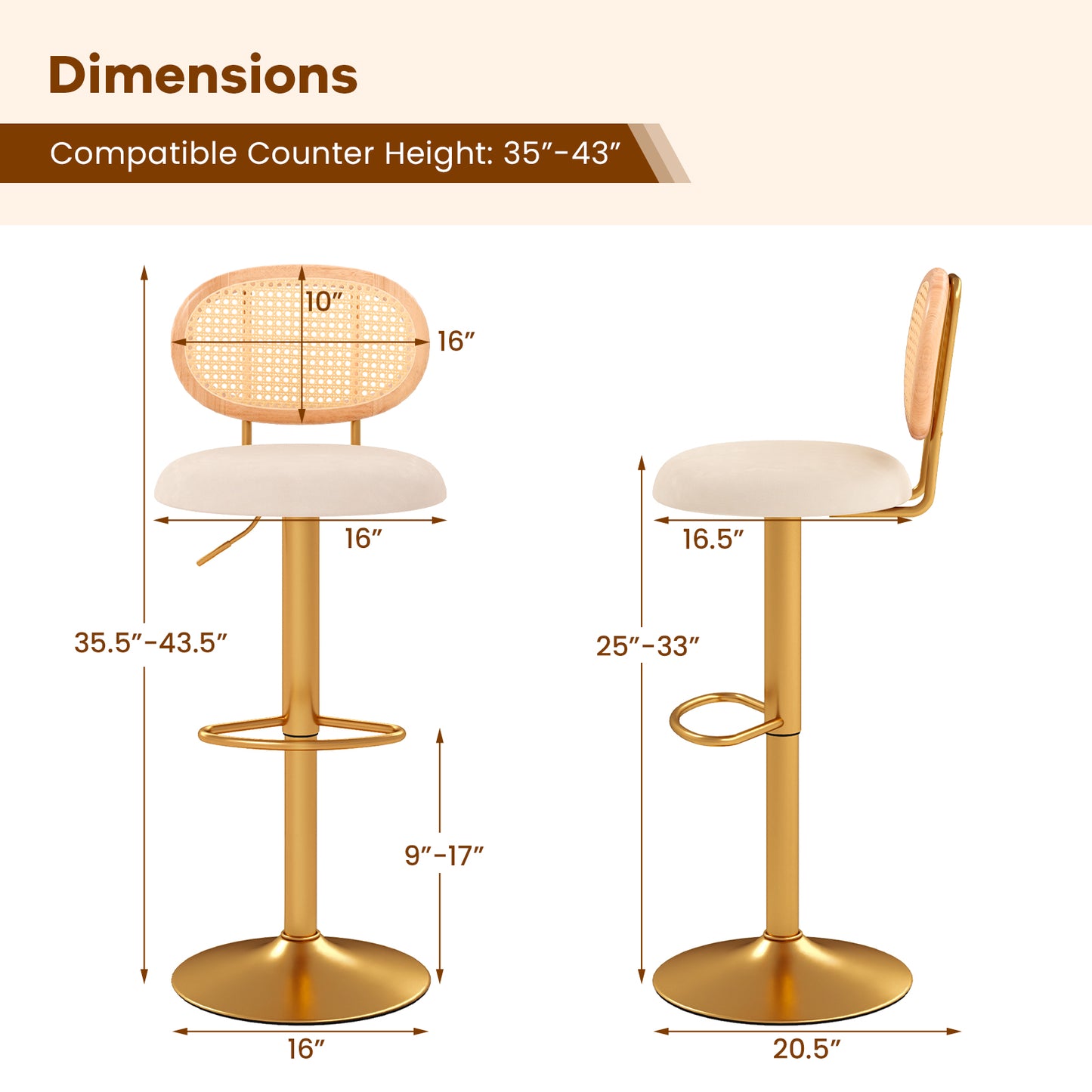 360° Swivel Velvet Bar Stools with Adjustable Height and PE Rattan Backrest – Set of 2