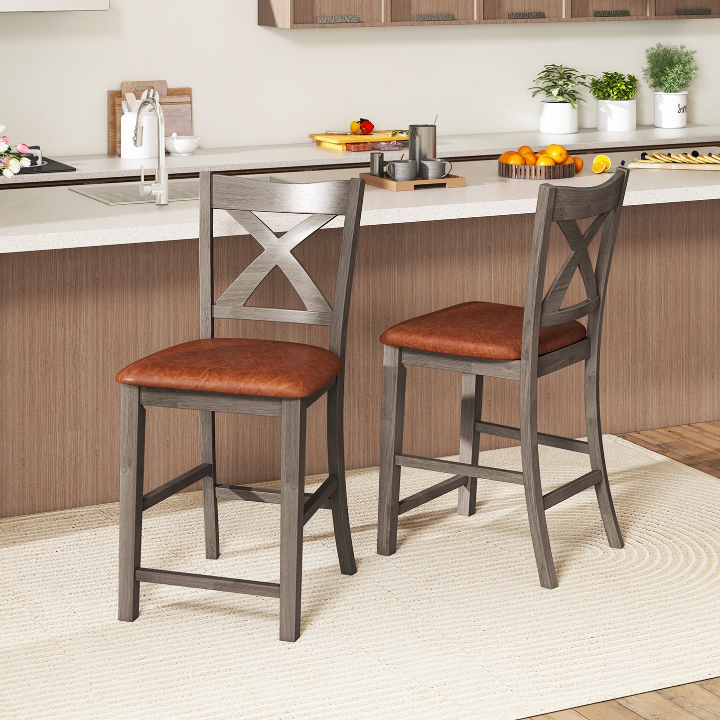 2-Piece Bar Stool Set with Cross Back and Faux Leather Padded Seat