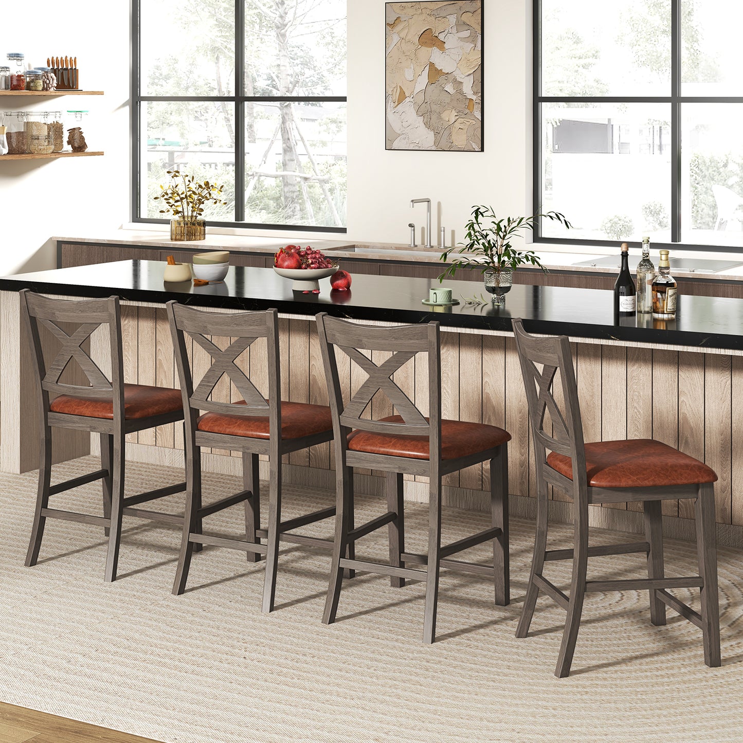 2-Piece Bar Stool Set with Cross Back and Faux Leather Padded Seat