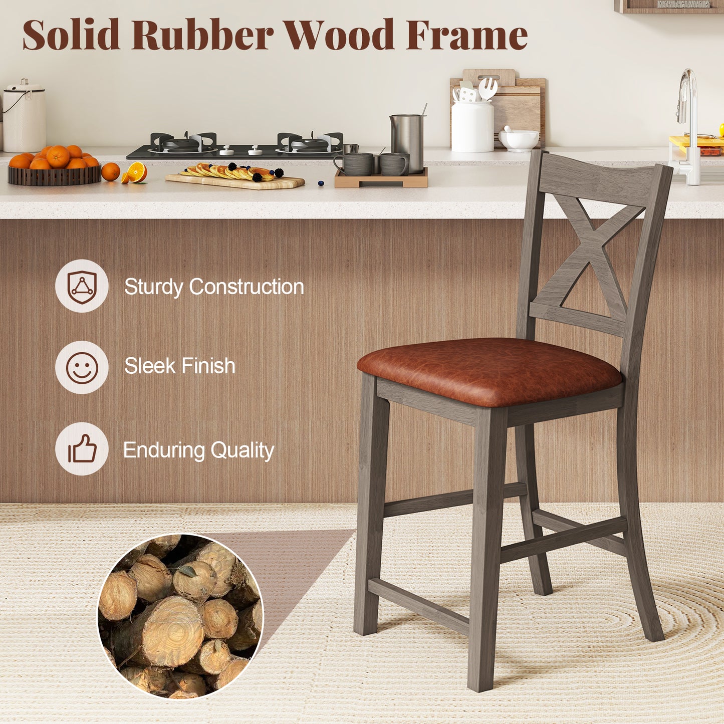 2-Piece Bar Stool Set with Cross Back and Faux Leather Padded Seat