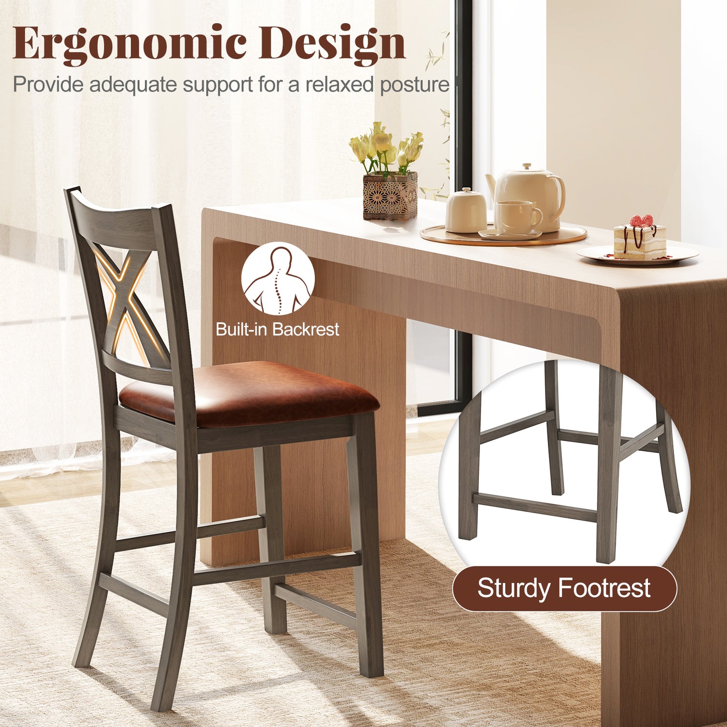 2-Piece Bar Stool Set with Cross Back and Faux Leather Padded Seat