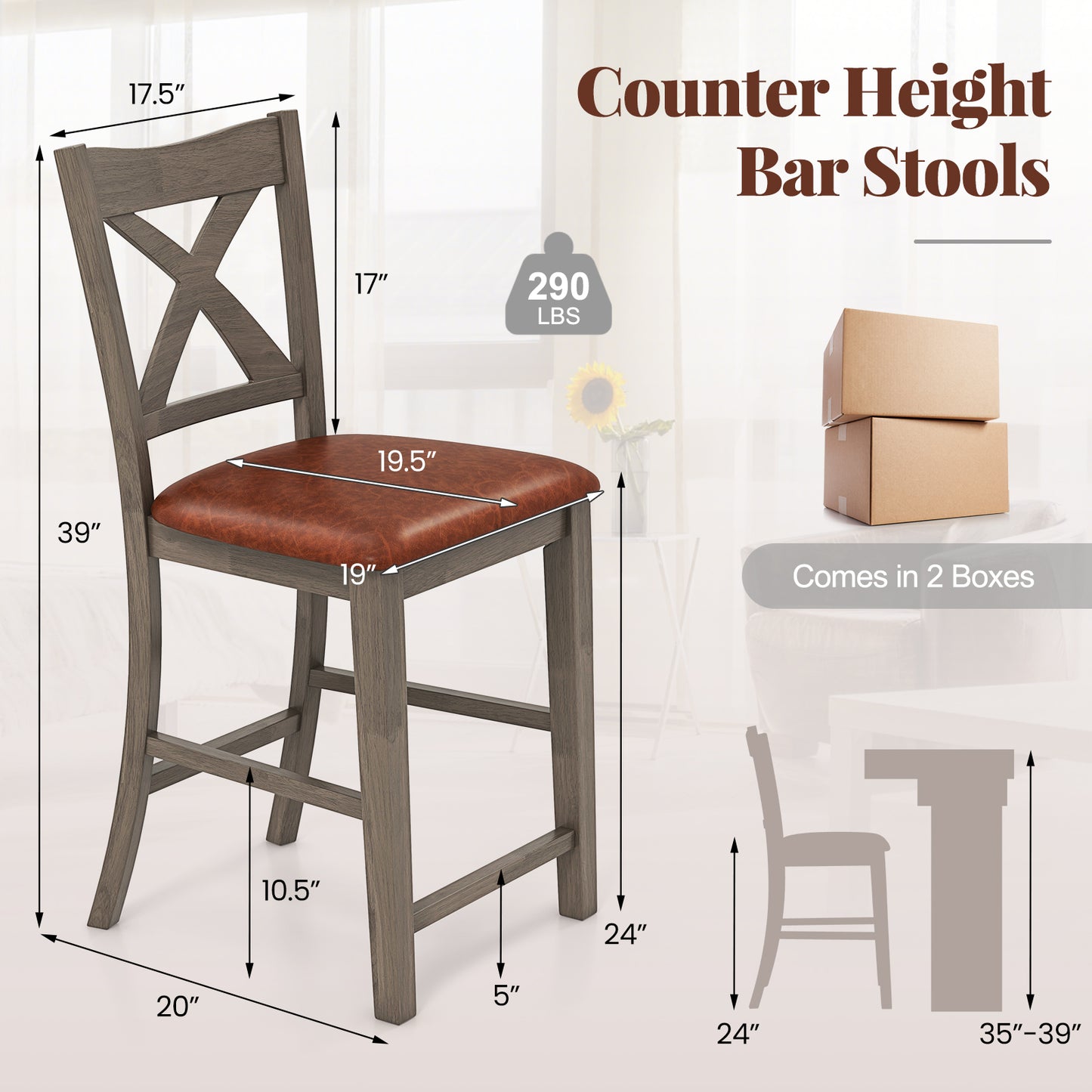 2-Piece Bar Stool Set with Cross Back and Faux Leather Padded Seat