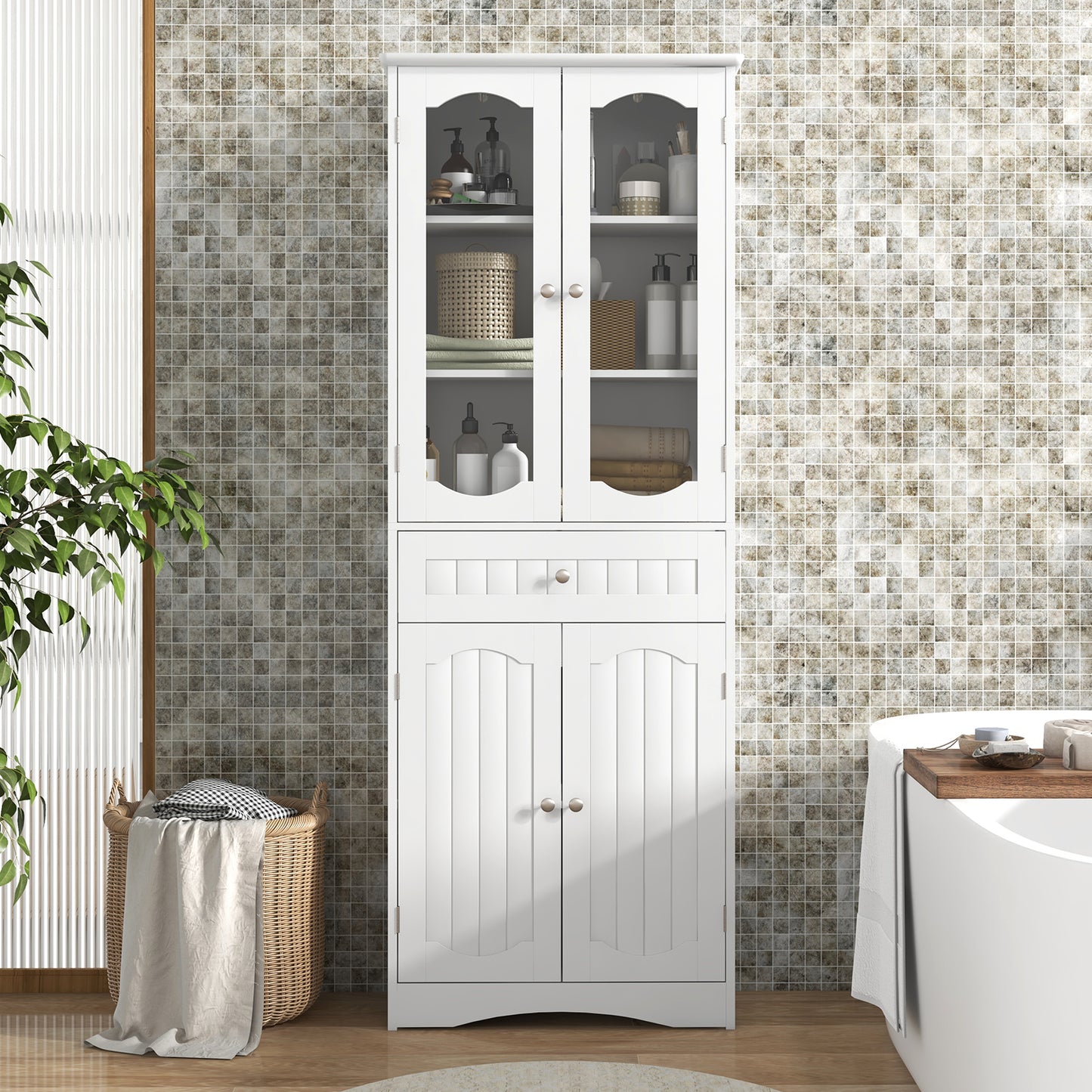 63 Inch Tall Storage Cabinet with Glass Doors, Adjustable Shelves, and Large Drawer