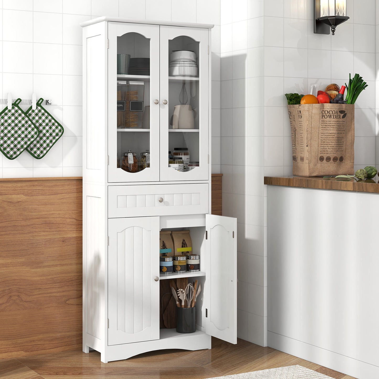 63 Inch Tall Storage Cabinet with Glass Doors, Adjustable Shelves, and Large Drawer