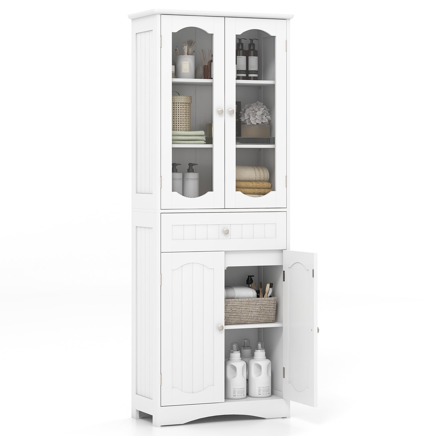 63 Inch Tall Storage Cabinet with Glass Doors, Adjustable Shelves, and Large Drawer