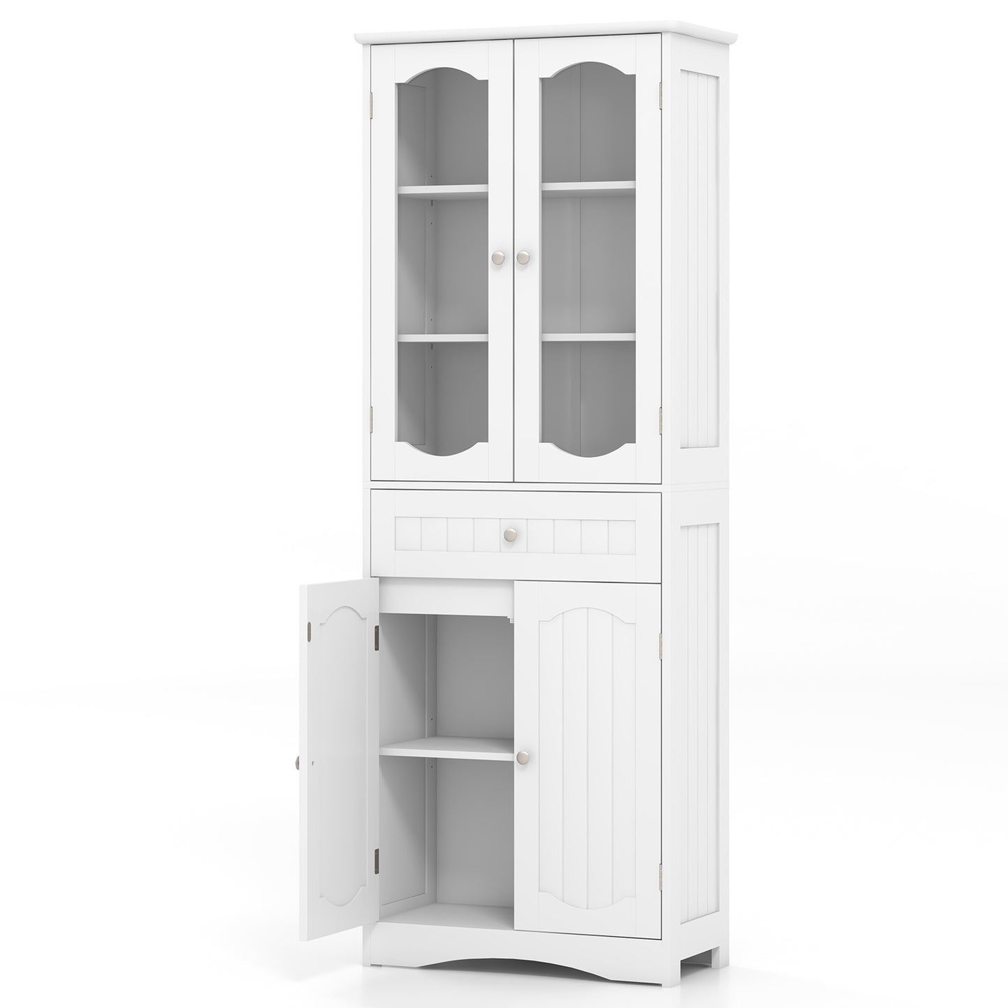63 Inch Tall Storage Cabinet with Glass Doors, Adjustable Shelves, and Large Drawer
