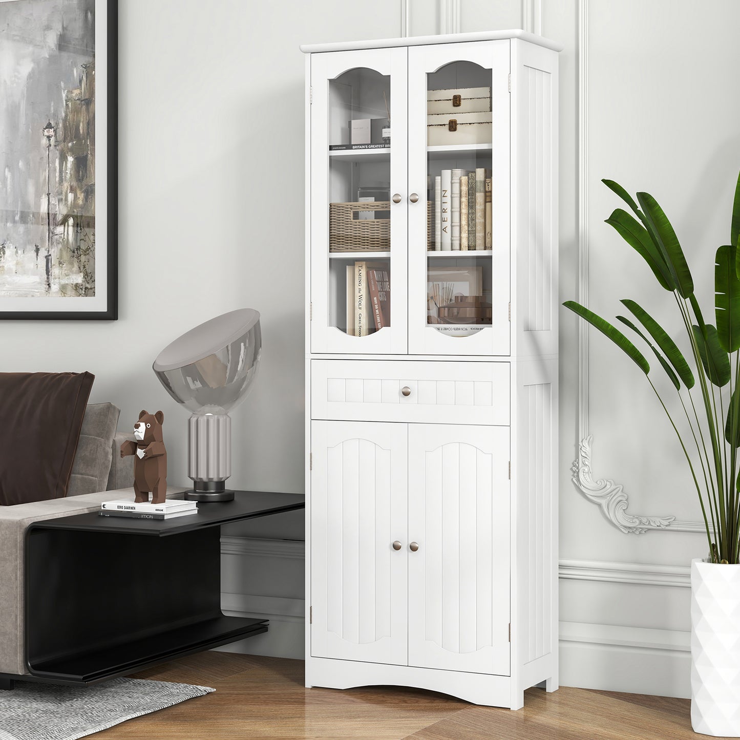 63 Inch Tall Storage Cabinet with Glass Doors, Adjustable Shelves, and Large Drawer