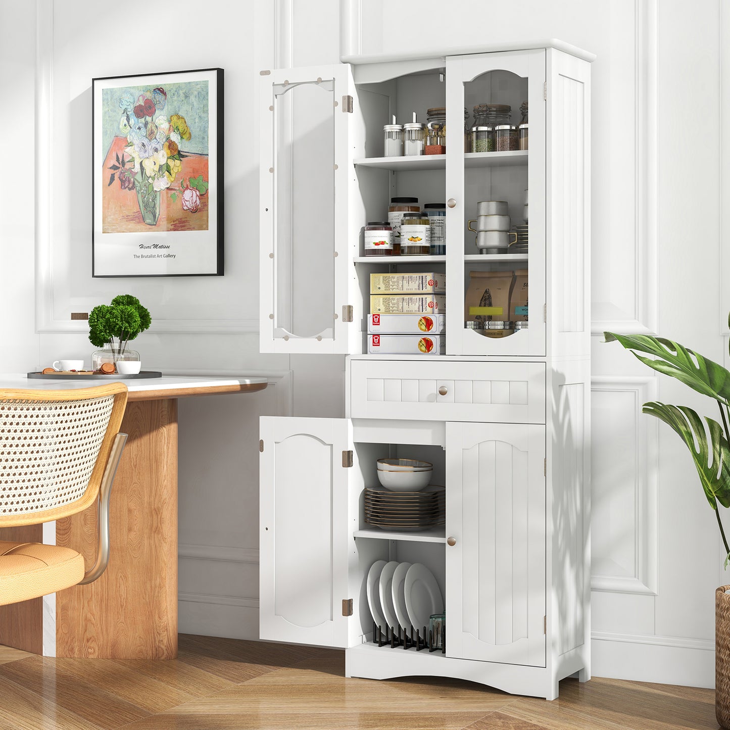 63 Inch Tall Storage Cabinet with Glass Doors, Adjustable Shelves, and Large Drawer