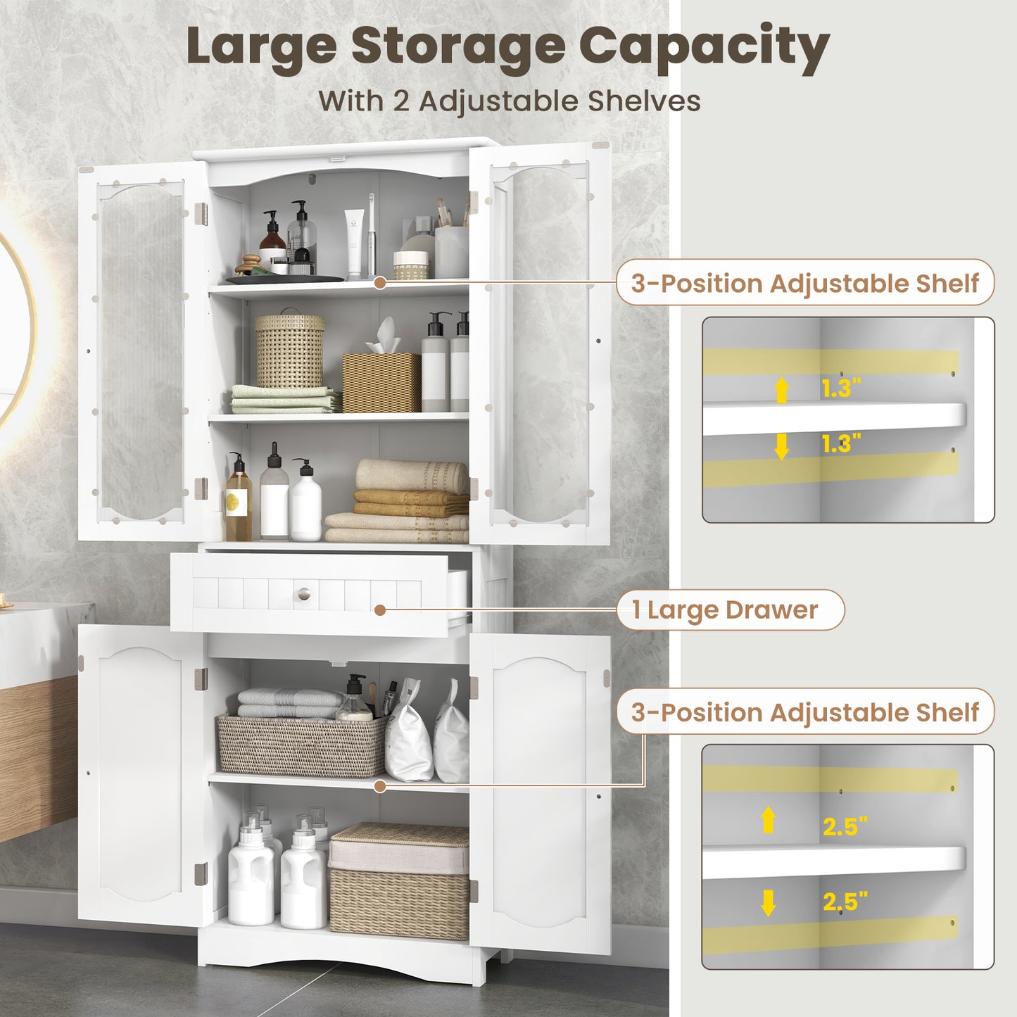 63 Inch Tall Storage Cabinet with Glass Doors, Adjustable Shelves, and Large Drawer