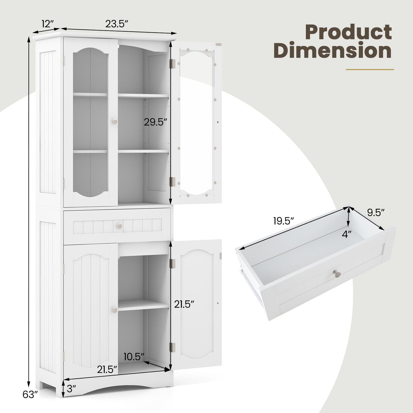 63 Inch Tall Storage Cabinet with Glass Doors, Adjustable Shelves, and Large Drawer