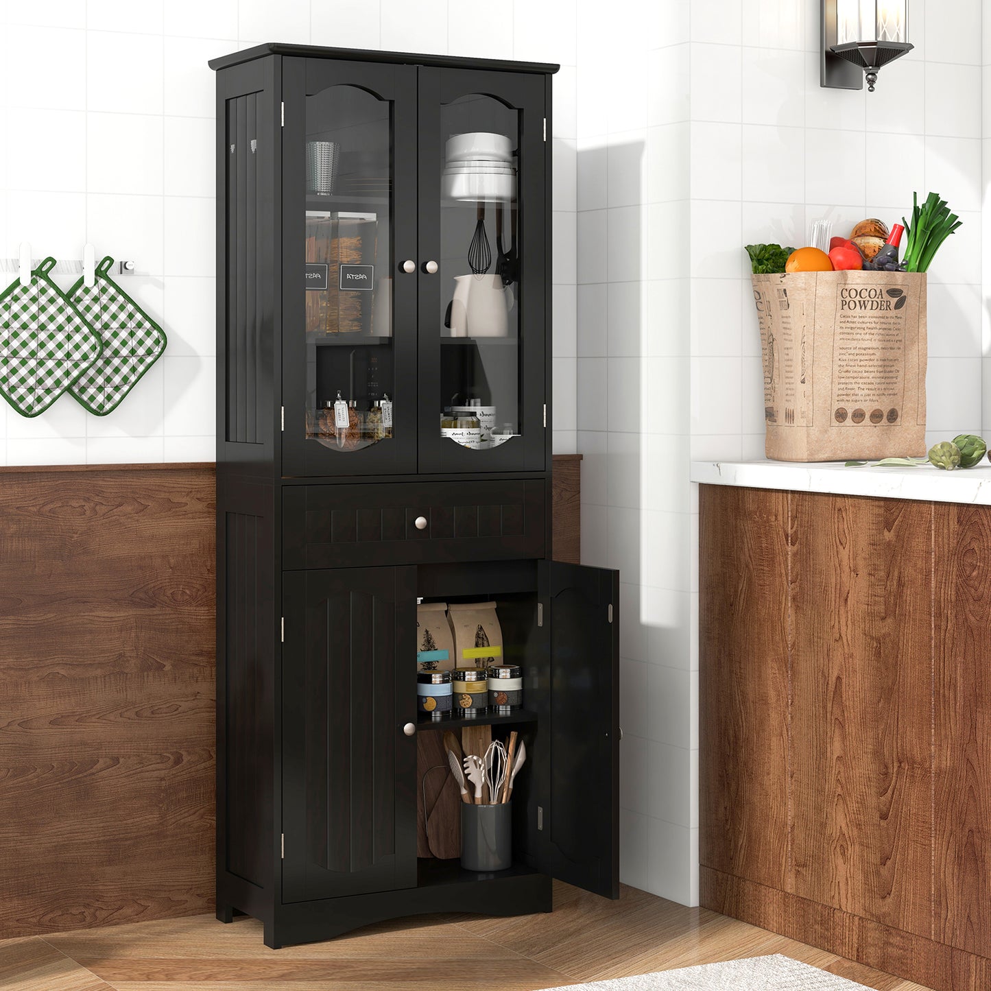 63 Inch Tall Storage Cabinet with Glass Doors, Adjustable Shelves, and Large Drawer