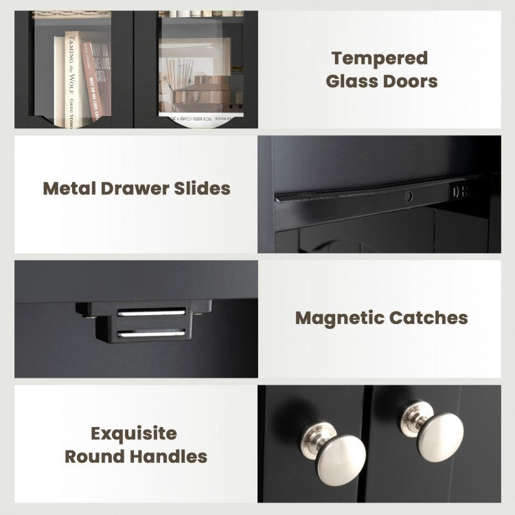 63 Inch Tall Storage Cabinet with Glass Doors, Adjustable Shelves, and Large Drawer