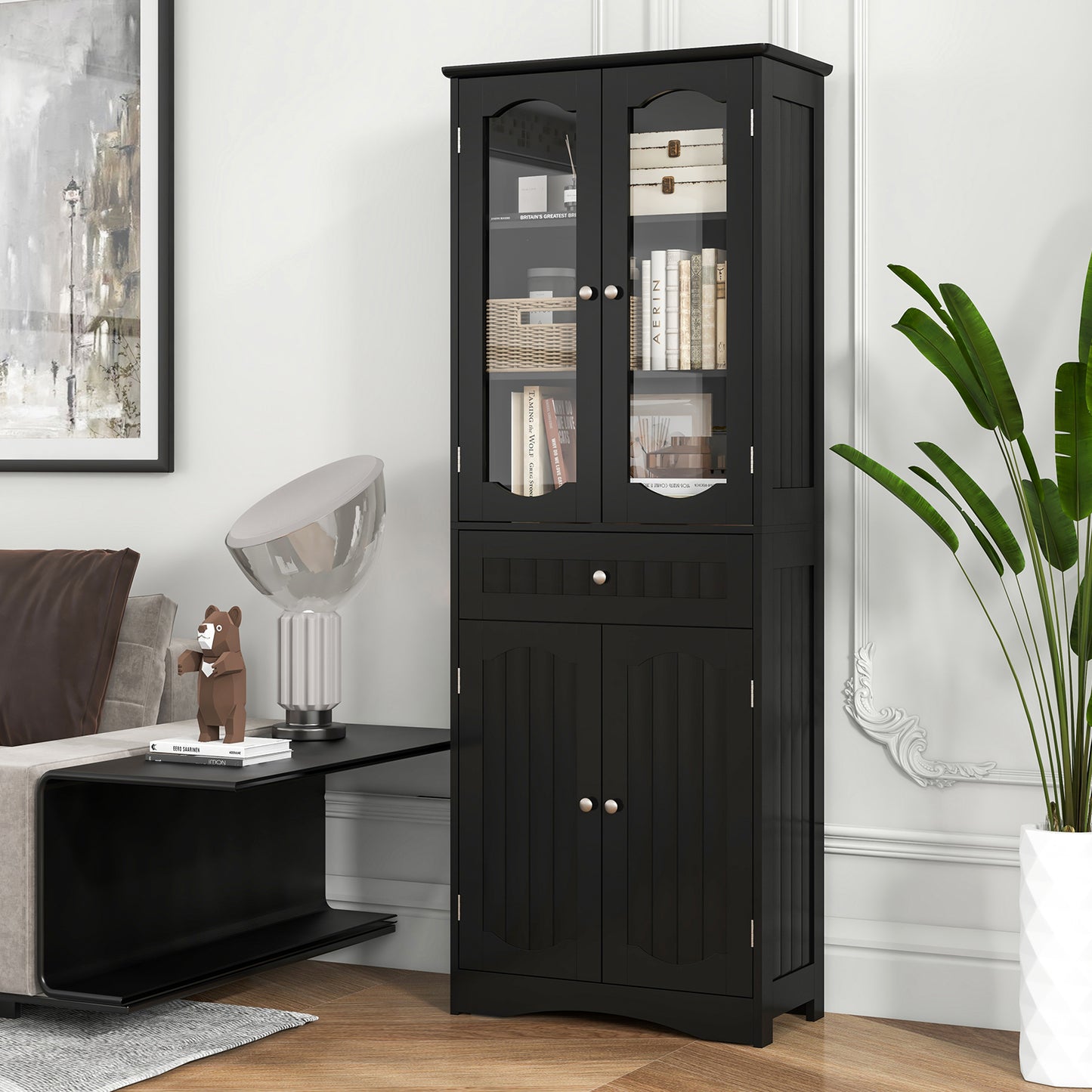 63 Inch Tall Storage Cabinet with Glass Doors, Adjustable Shelves, and Large Drawer