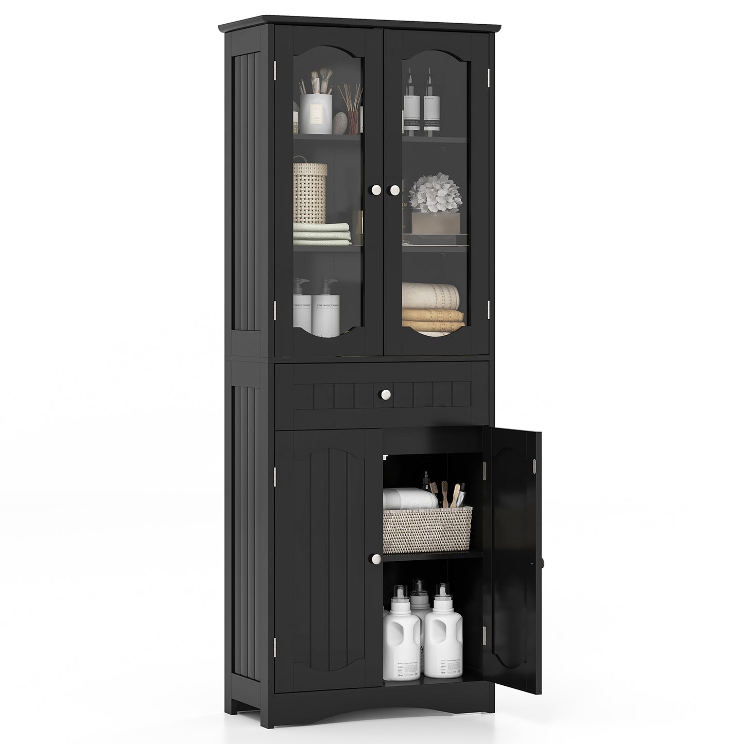 63 Inch Tall Storage Cabinet with Glass Doors, Adjustable Shelves, and Large Drawer