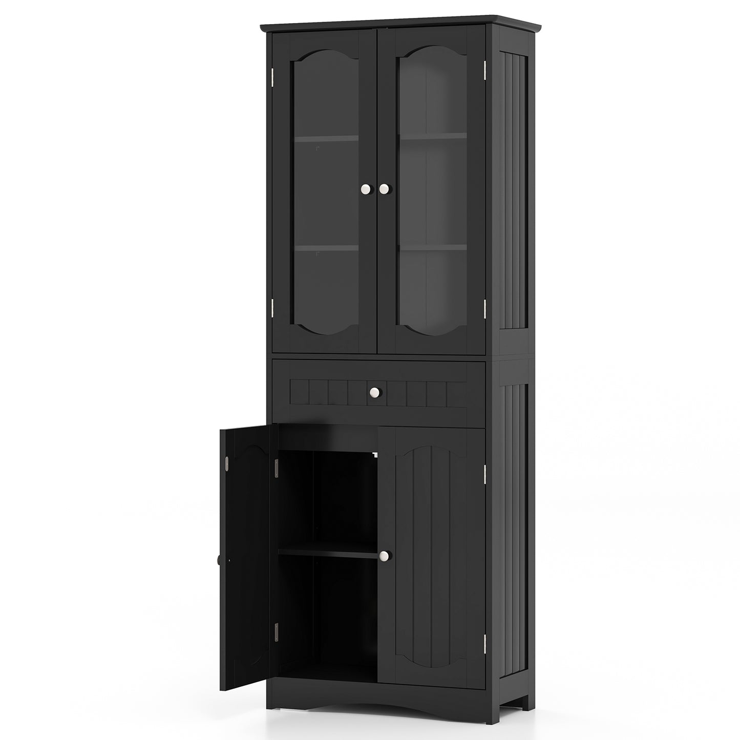 63 Inch Tall Storage Cabinet with Glass Doors, Adjustable Shelves, and Large Drawer