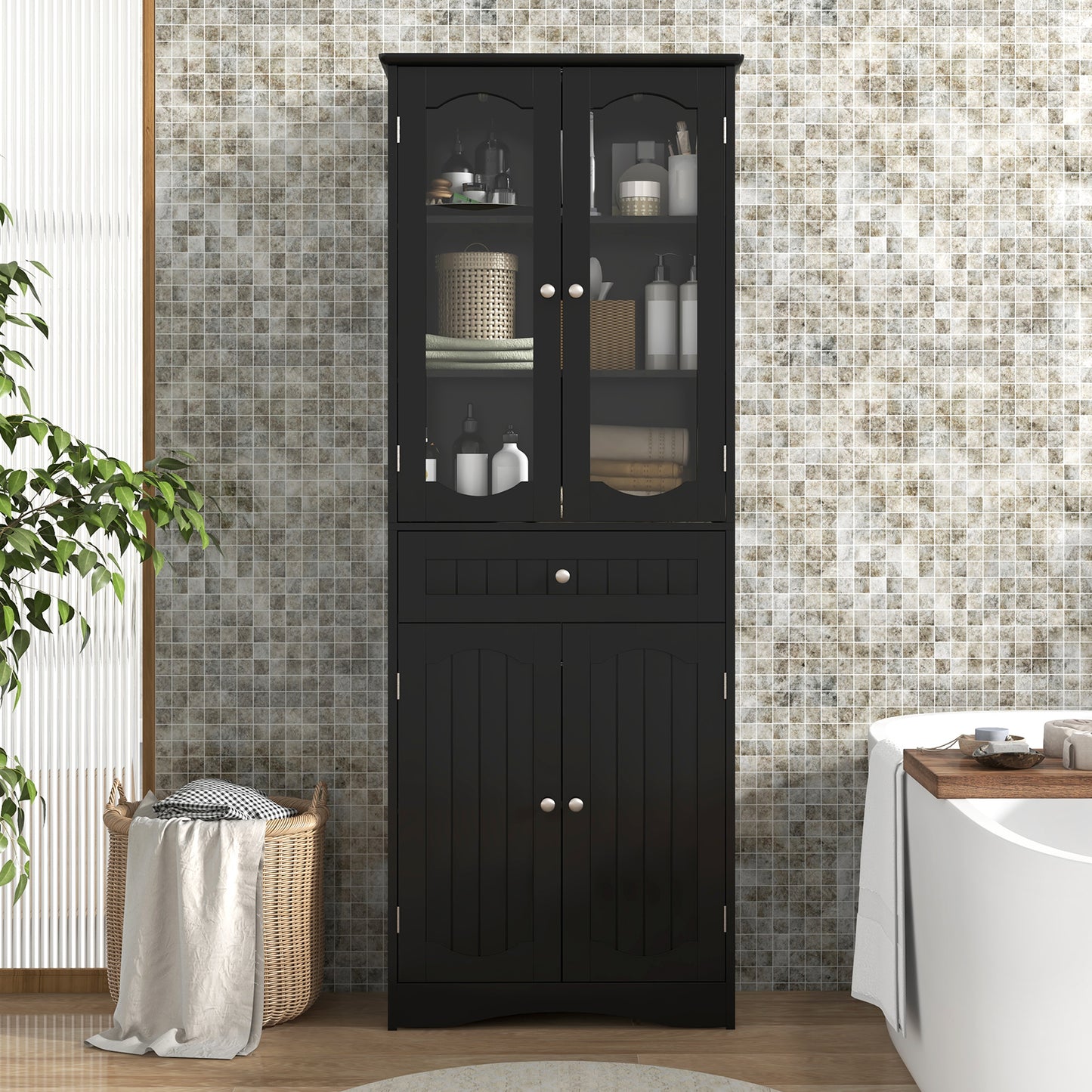 63 Inch Tall Storage Cabinet with Glass Doors, Adjustable Shelves, and Large Drawer