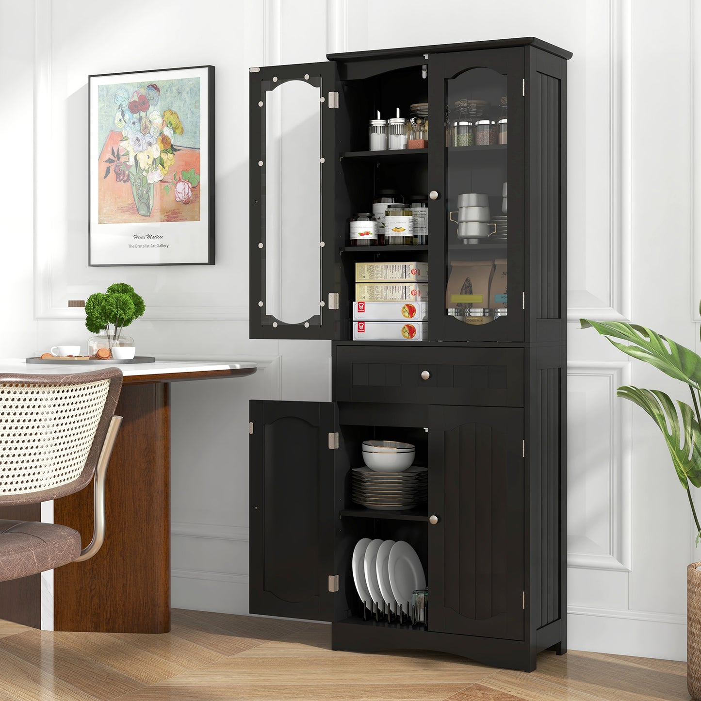 63 Inch Tall Storage Cabinet with Glass Doors, Adjustable Shelves, and Large Drawer