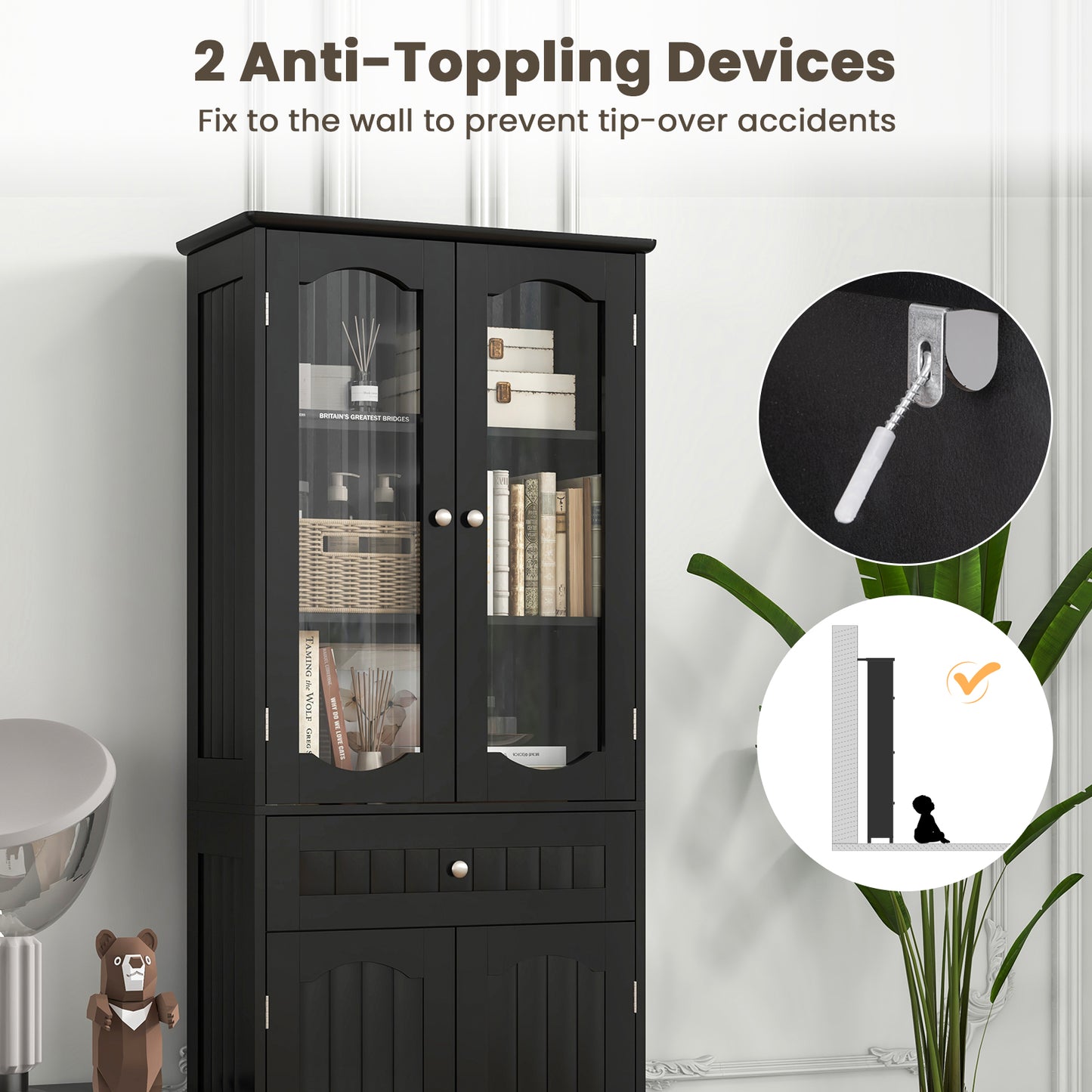 63 Inch Tall Storage Cabinet with Glass Doors, Adjustable Shelves, and Large Drawer