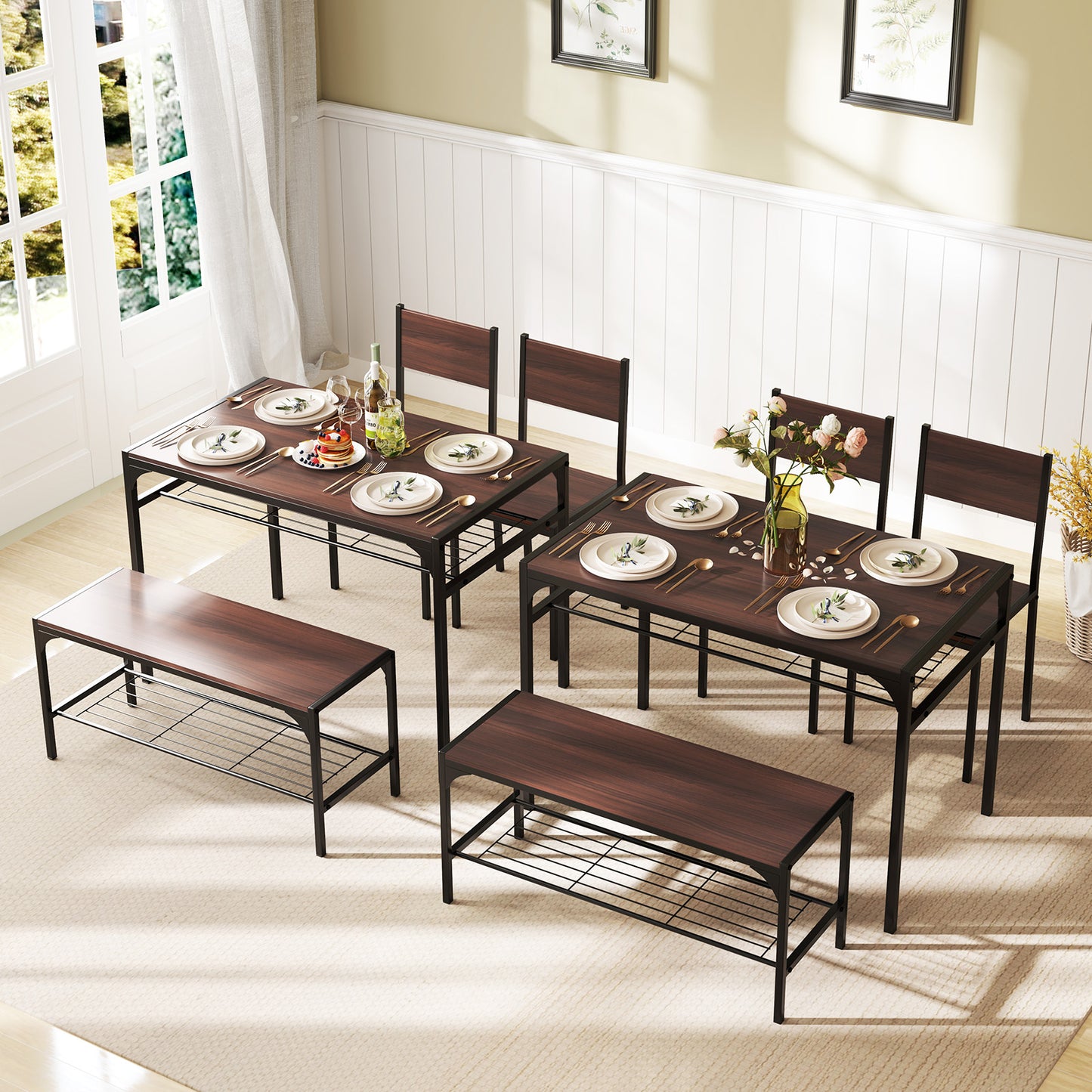 4-Piece Industrial Dining Set with Table Bench and Chairs Walnut Finish with Storage Shelves