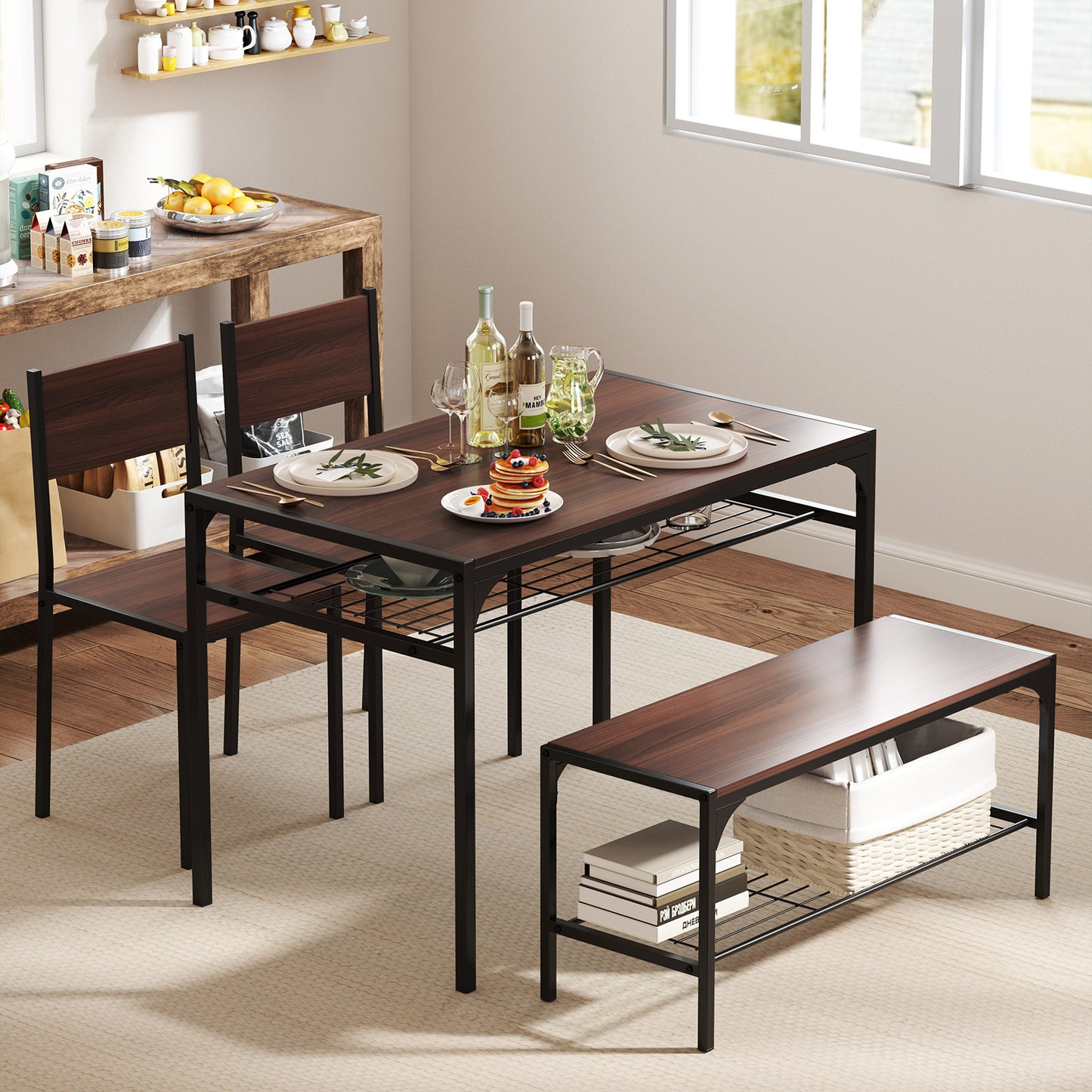 4-Piece Industrial Dining Set with Table Bench and Chairs Walnut Finish with Storage Shelves