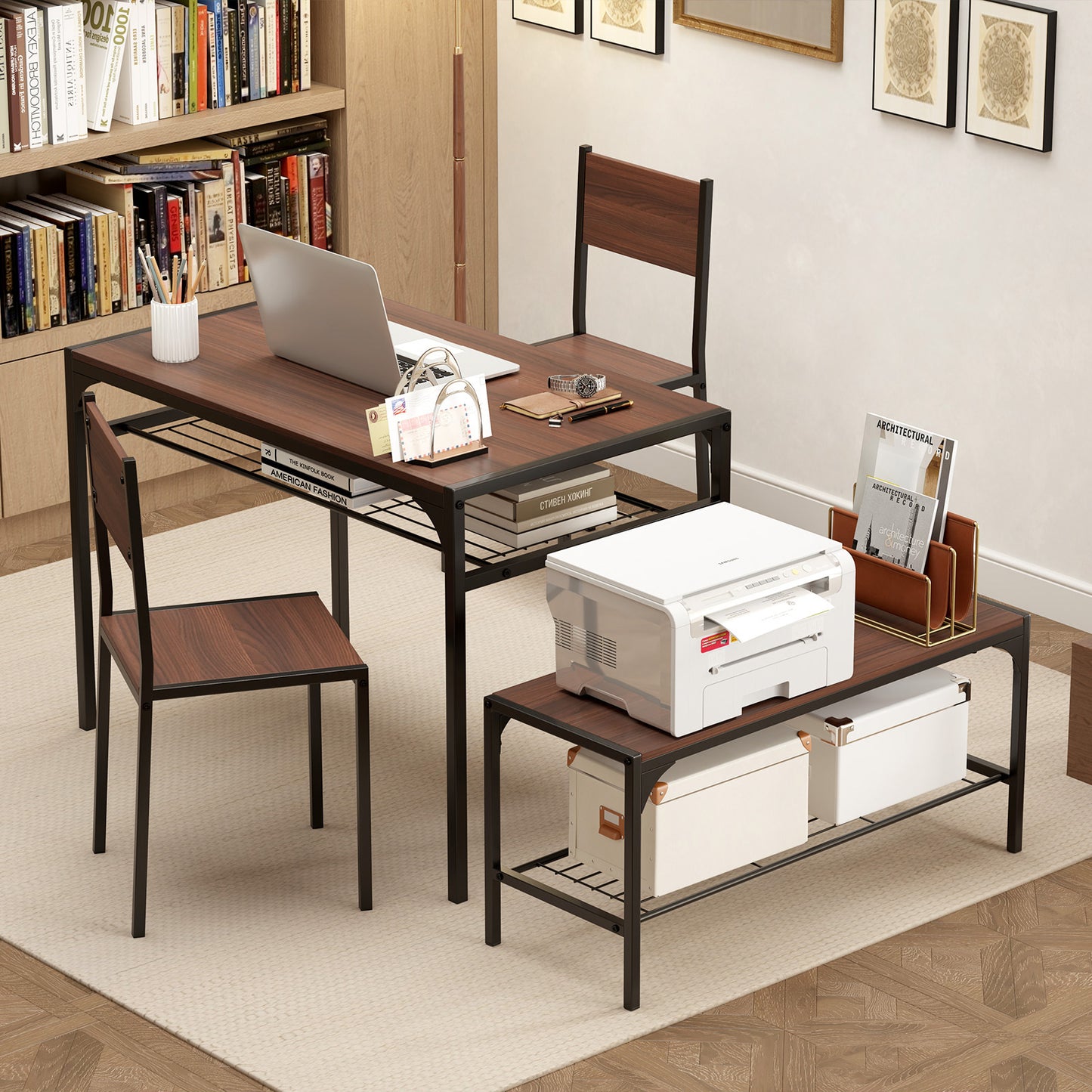 4-Piece Industrial Dining Set with Table Bench and Chairs Walnut Finish with Storage Shelves