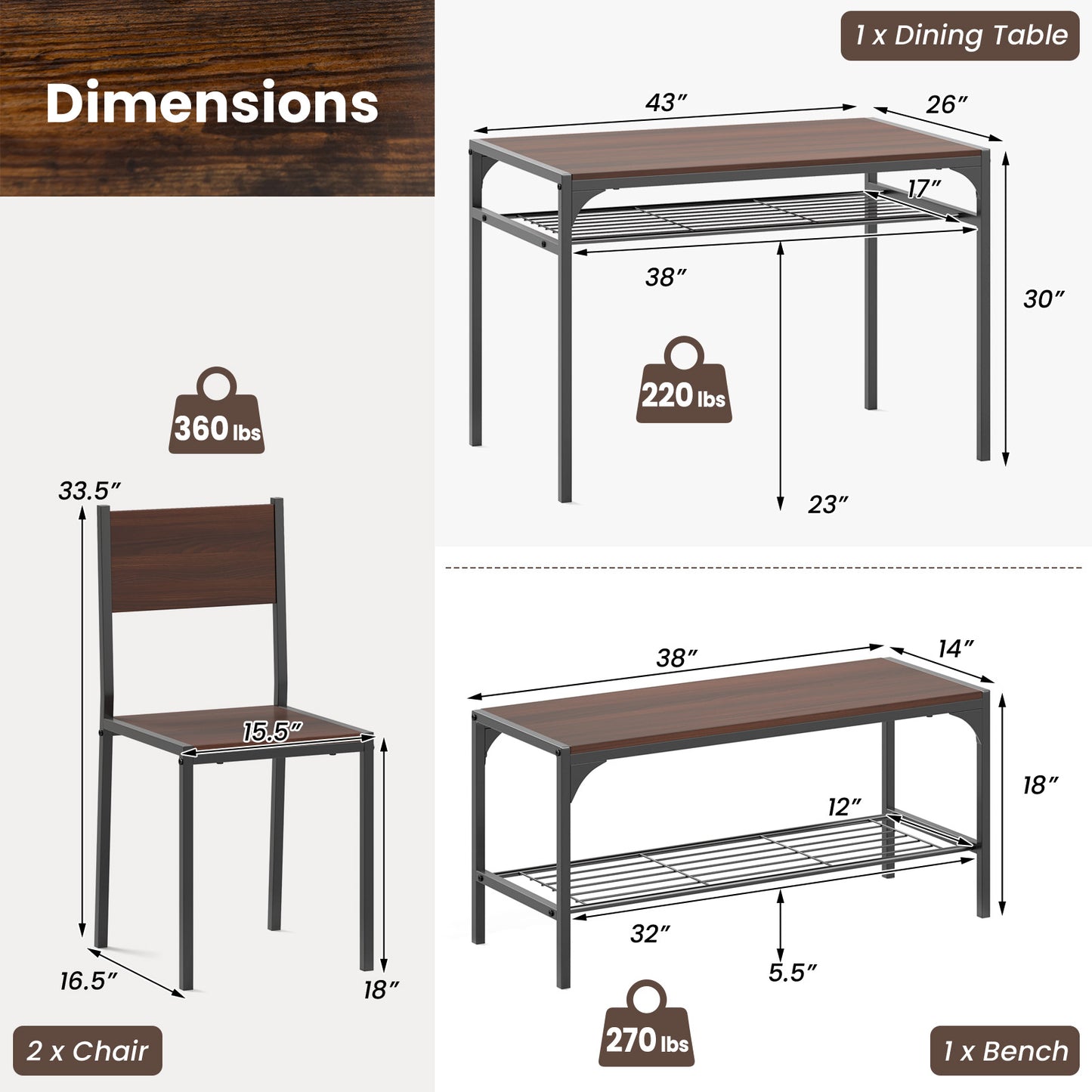 4-Piece Industrial Dining Set with Table Bench and Chairs Walnut Finish with Storage Shelves