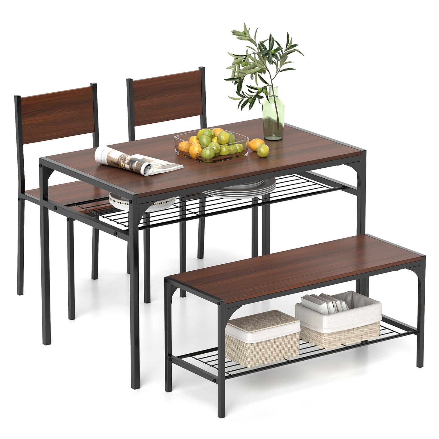 4-Piece Industrial Dining Set with Table Bench and Chairs Walnut Finish with Storage Shelves