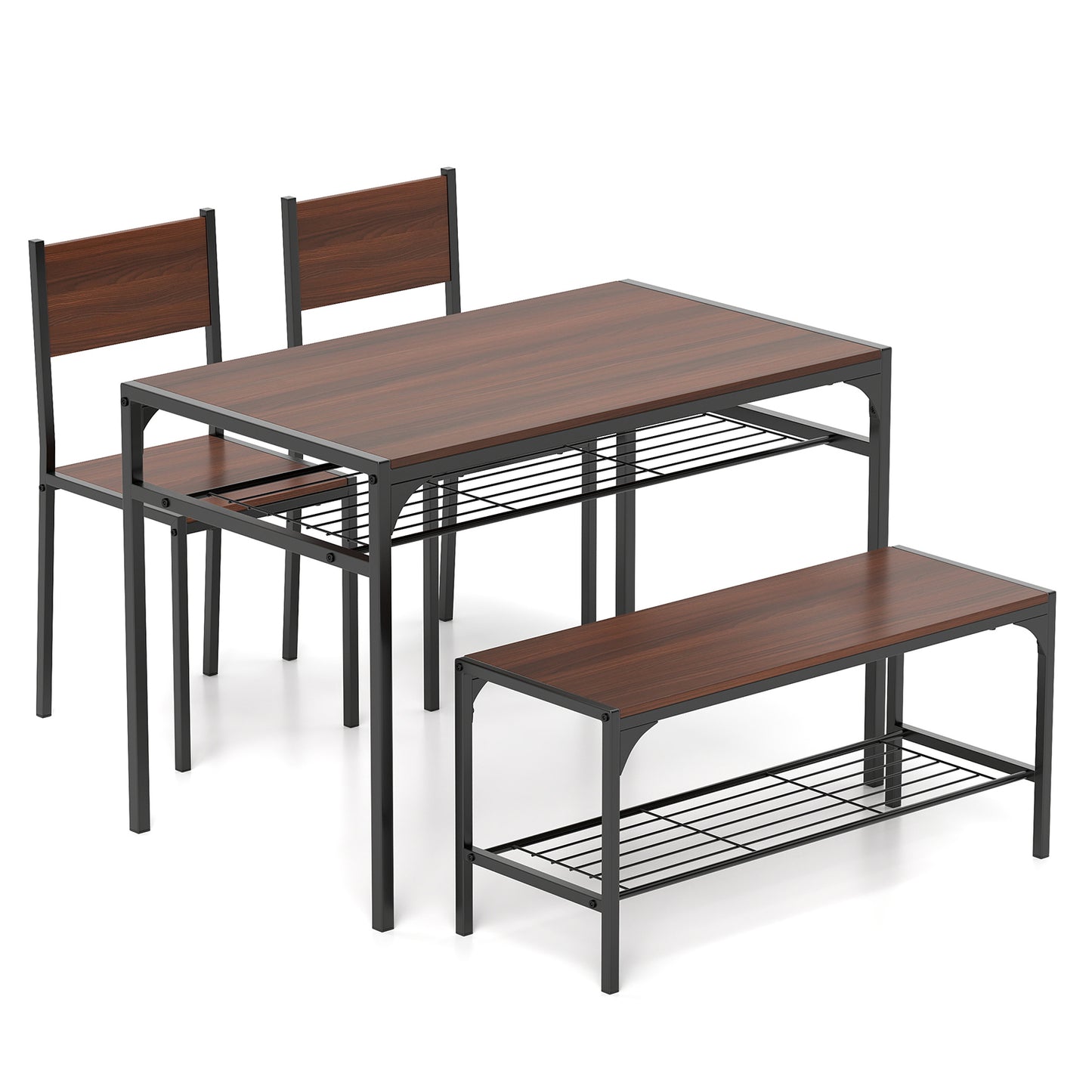 4-Piece Industrial Dining Set with Table Bench and Chairs Walnut Finish with Storage Shelves