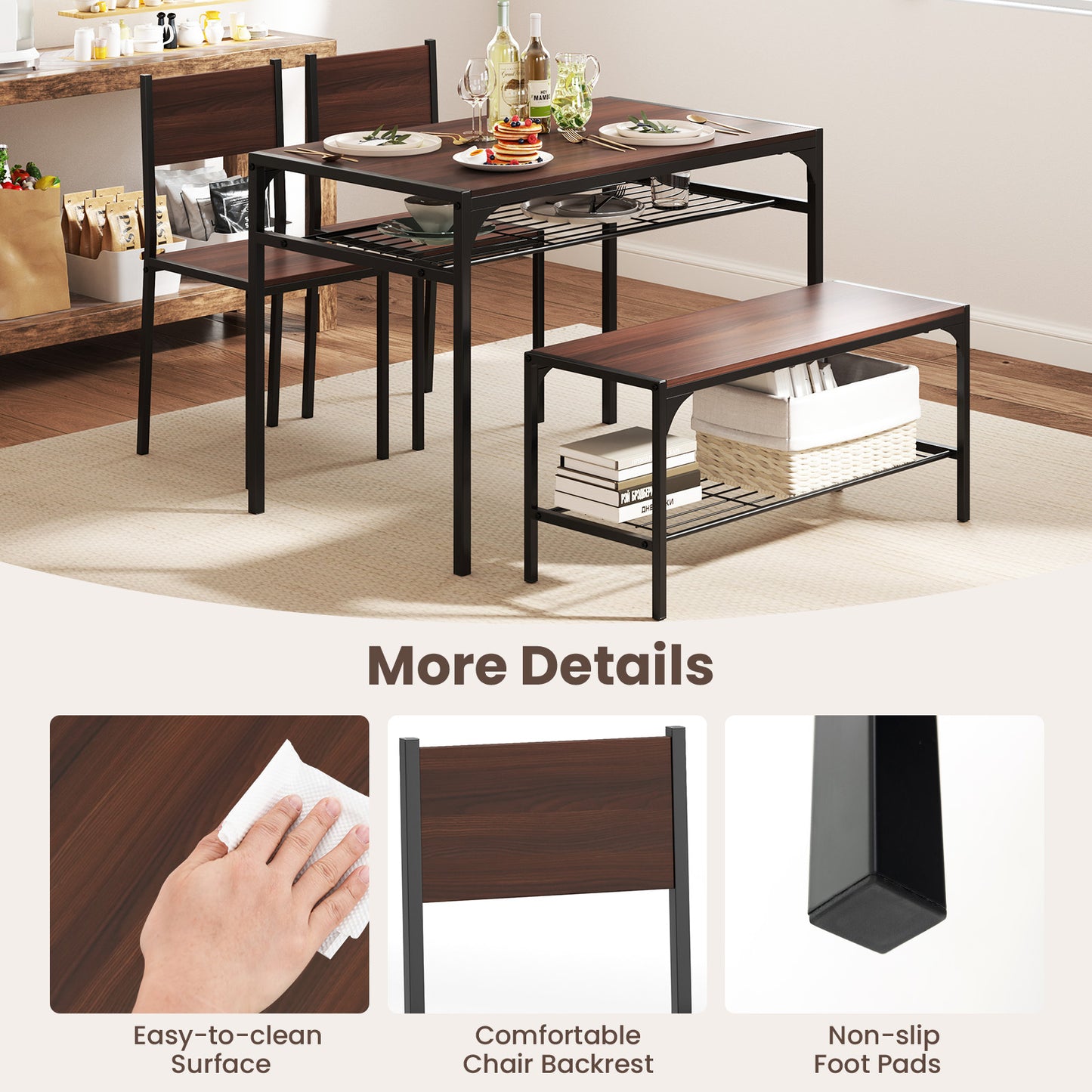4-Piece Industrial Dining Set with Table Bench and Chairs Walnut Finish with Storage Shelves