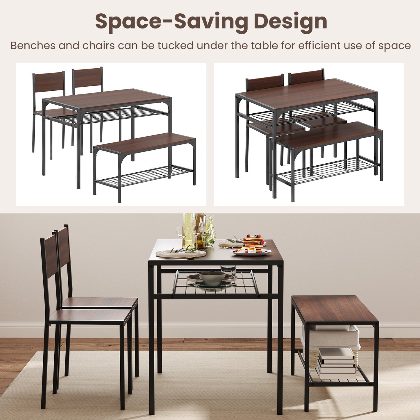 4-Piece Industrial Dining Set with Table Bench and Chairs Walnut Finish with Storage Shelves