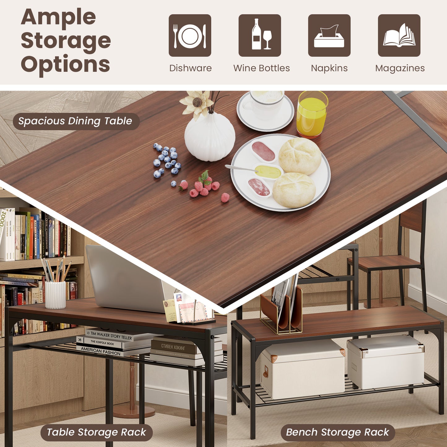 4-Piece Industrial Dining Set with Table Bench and Chairs Walnut Finish with Storage Shelves