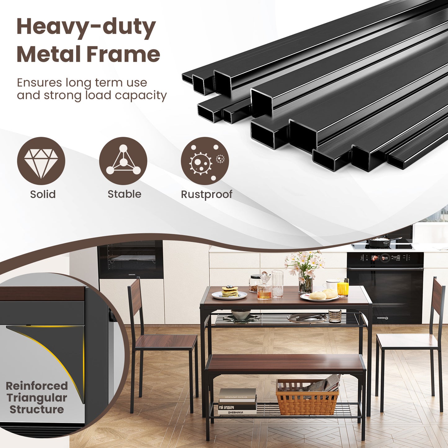 4-Piece Industrial Dining Set with Table Bench and Chairs Walnut Finish with Storage Shelves