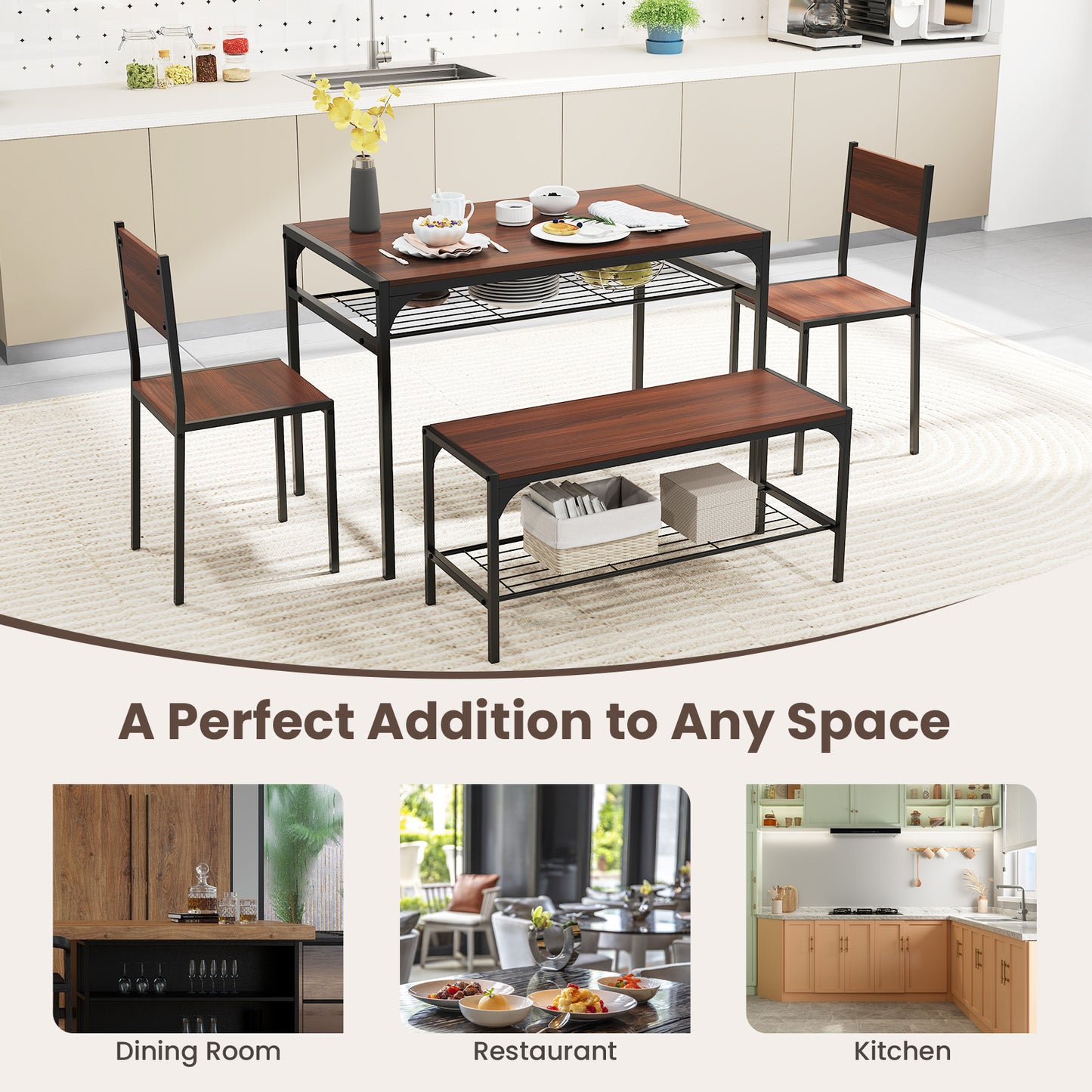4-Piece Industrial Dining Set with Table Bench and Chairs Walnut Finish with Storage Shelves