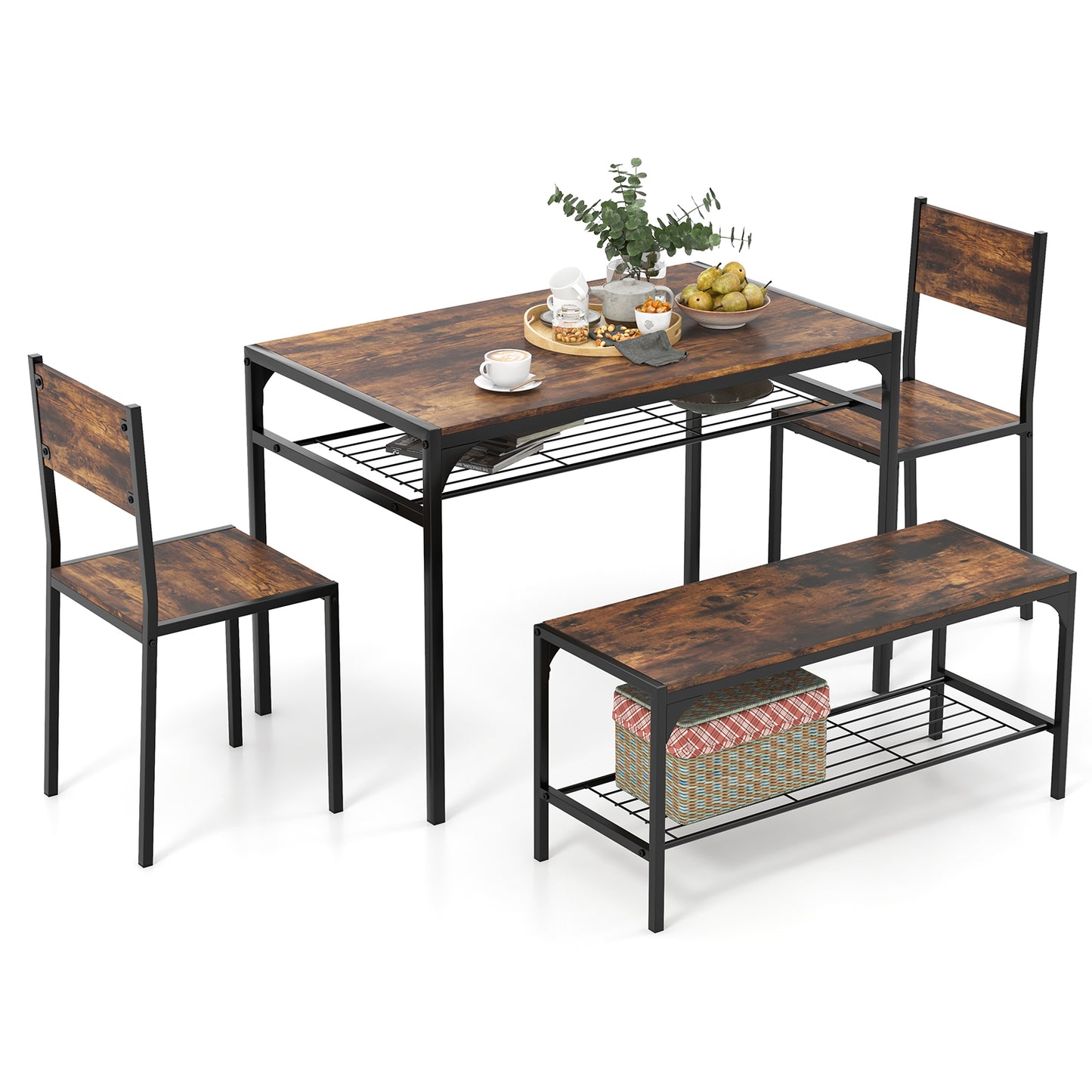4-Piece Industrial Dining Set with Table Bench and Chairs Rustic Brown Finish with Storage Shelves