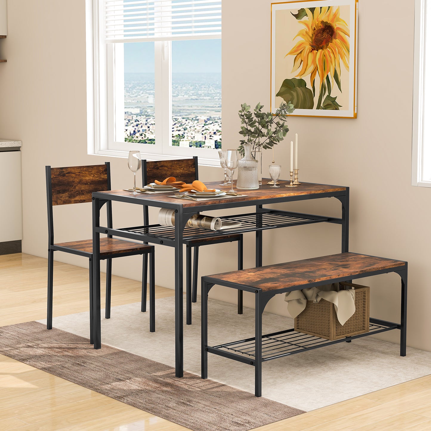 4-Piece Industrial Dining Set with Table Bench and Chairs Rustic Brown Finish with Storage Shelves