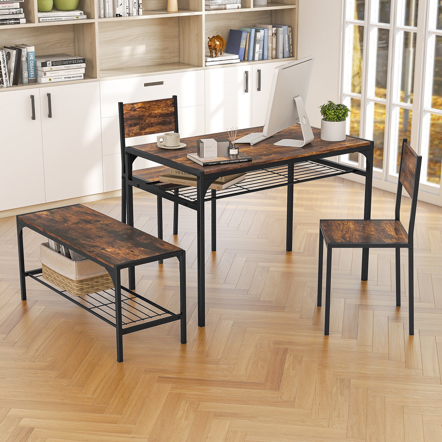 4-Piece Industrial Dining Set with Table Bench and Chairs Rustic Brown Finish with Storage Shelves