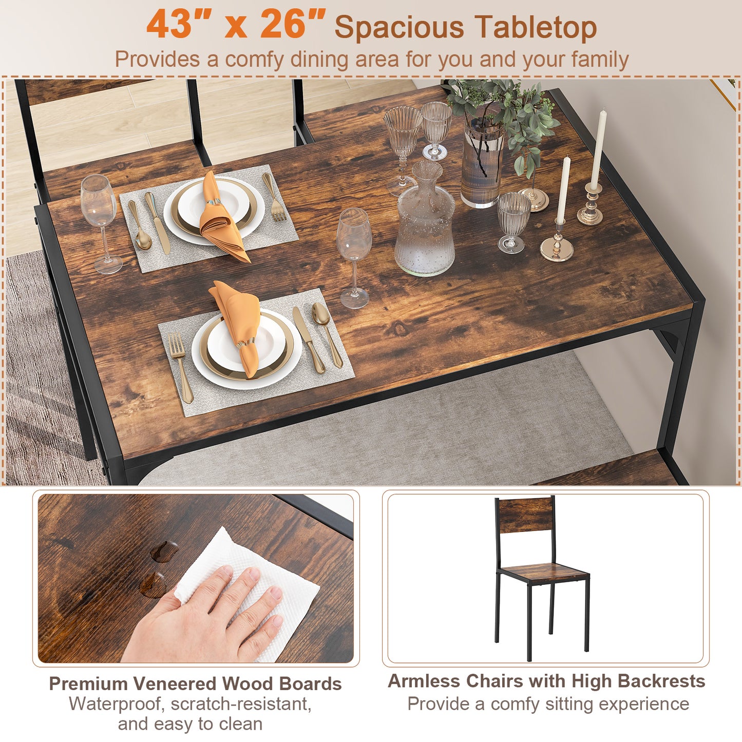 4-Piece Industrial Dining Set with Table Bench and Chairs Rustic Brown Finish with Storage Shelves