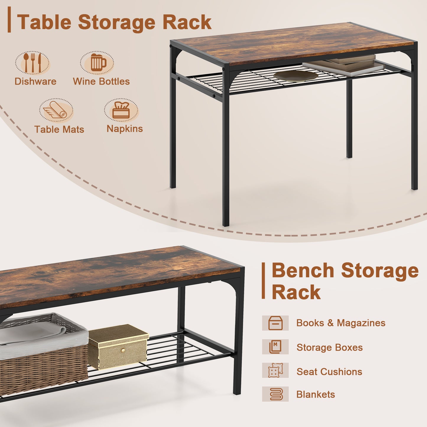 4-Piece Industrial Dining Set with Table Bench and Chairs Rustic Brown Finish with Storage Shelves