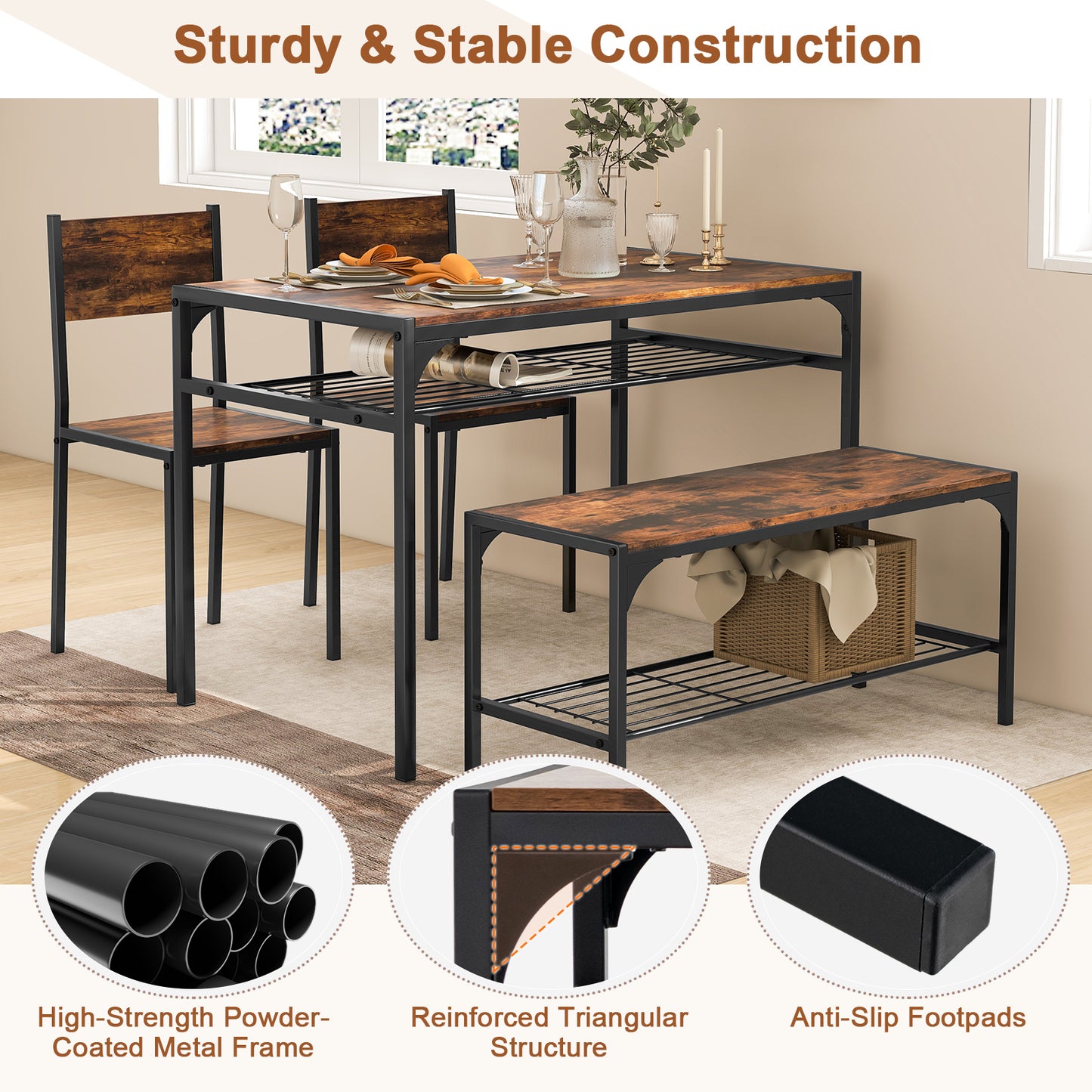 4-Piece Industrial Dining Set with Table Bench and Chairs Rustic Brown Finish with Storage Shelves